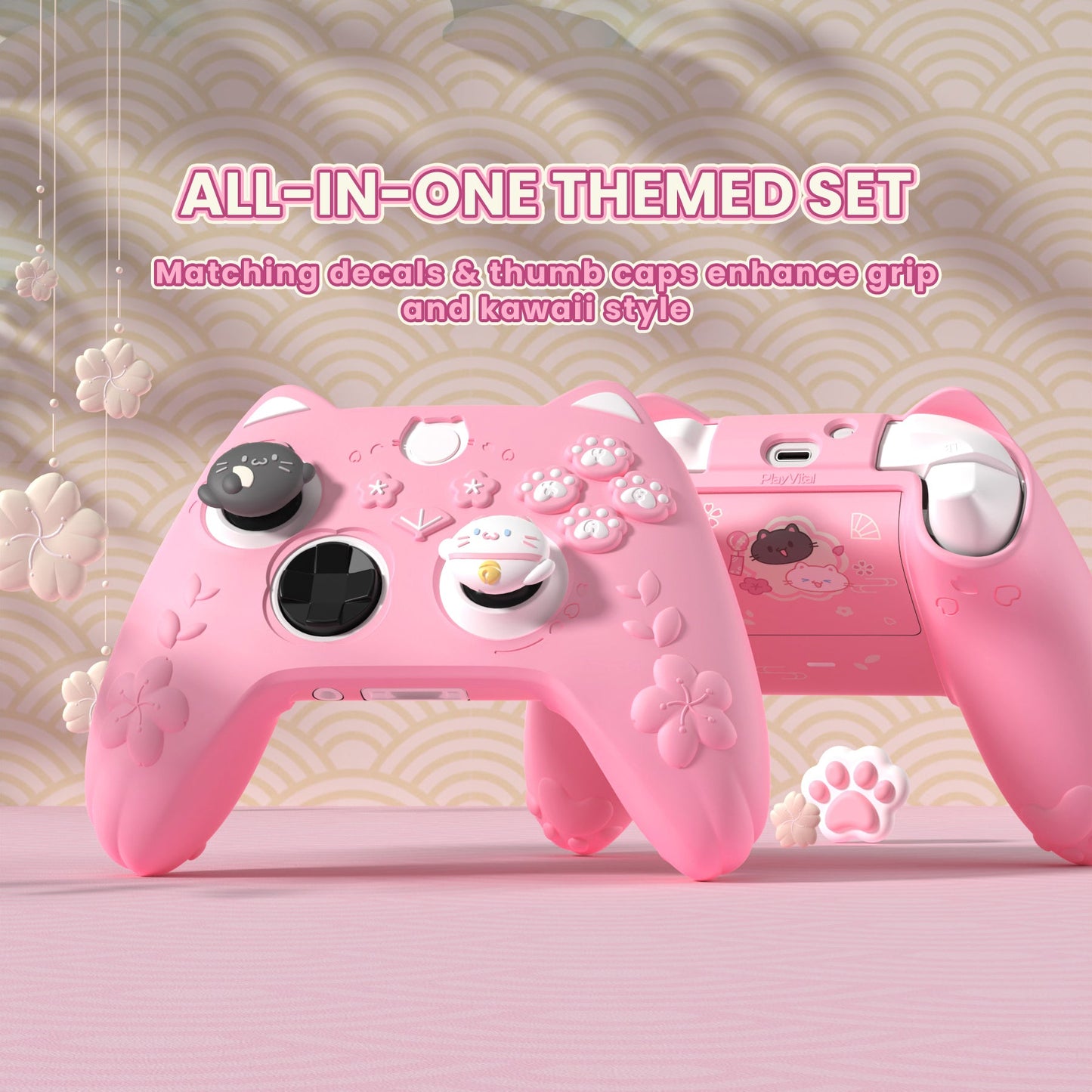 PlayVital Cherry Blossoms Kitten Silicone Cover for Xbox Series X/S Controller, Anti-slip Grip Protector for Xbox Core Wireless Controller with Thumb Grips & Sticker - Pink PlayVital