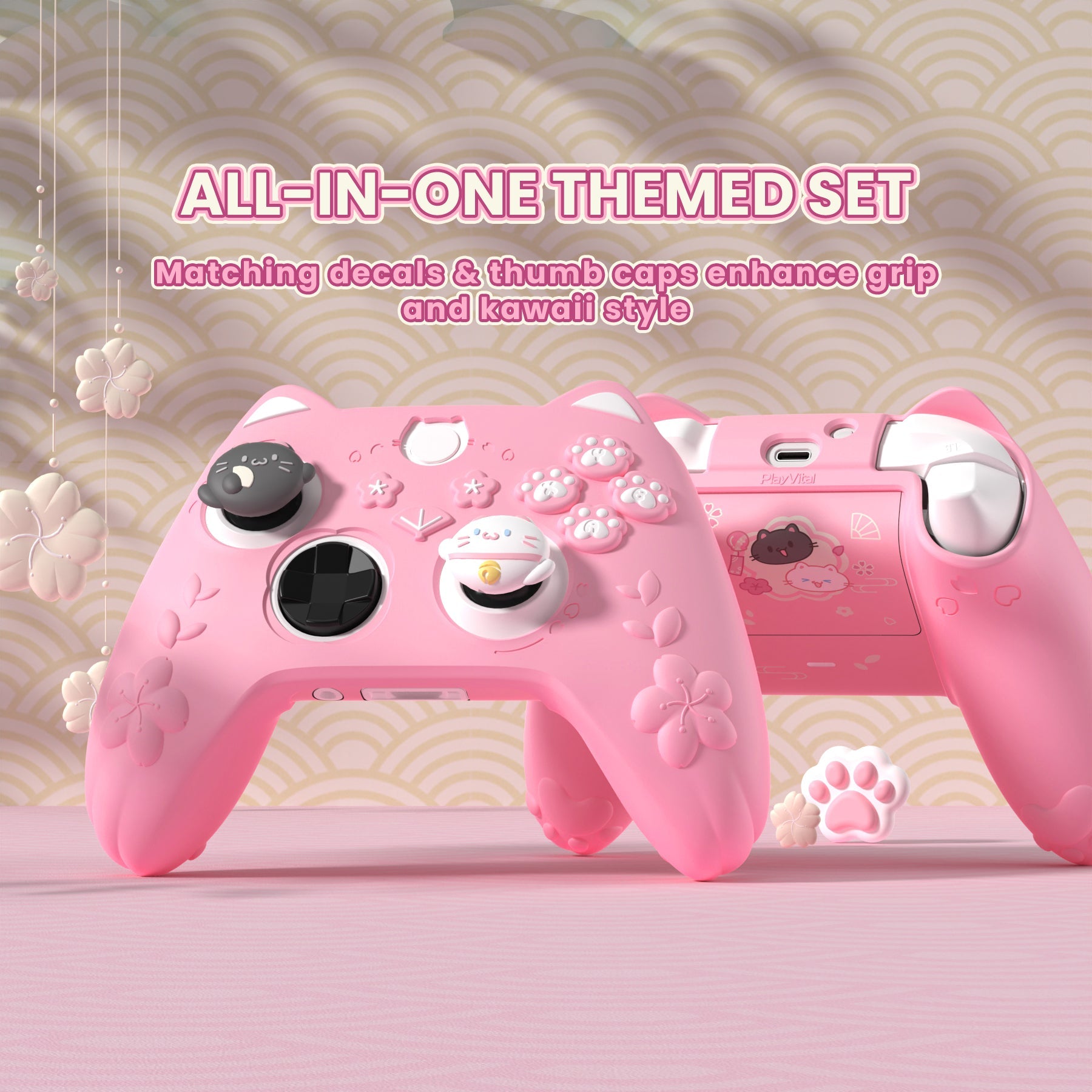 PlayVital Cherry Blossoms Kitten Silicone Cover for Xbox Series X/S Controller, Anti-slip Grip Protector for Xbox Core Wireless Controller with Thumb Grips & Sticker - Pink PlayVital