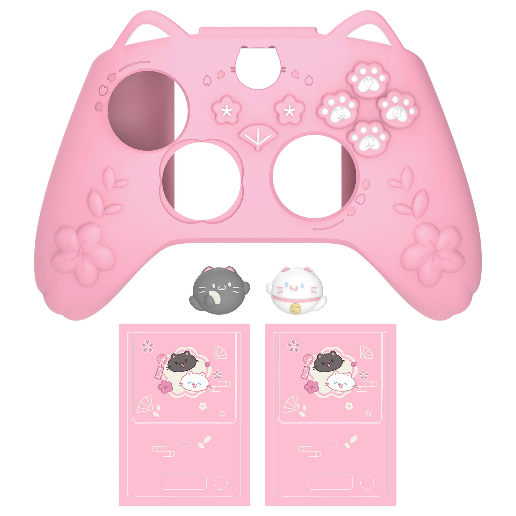 PlayVital Cherry Blossoms Kitten Silicone Cover for Xbox Series X/S Controller, Anti-slip Grip Protector for Xbox Core Wireless Controller with Thumb Grips & Sticker - Pink PlayVital