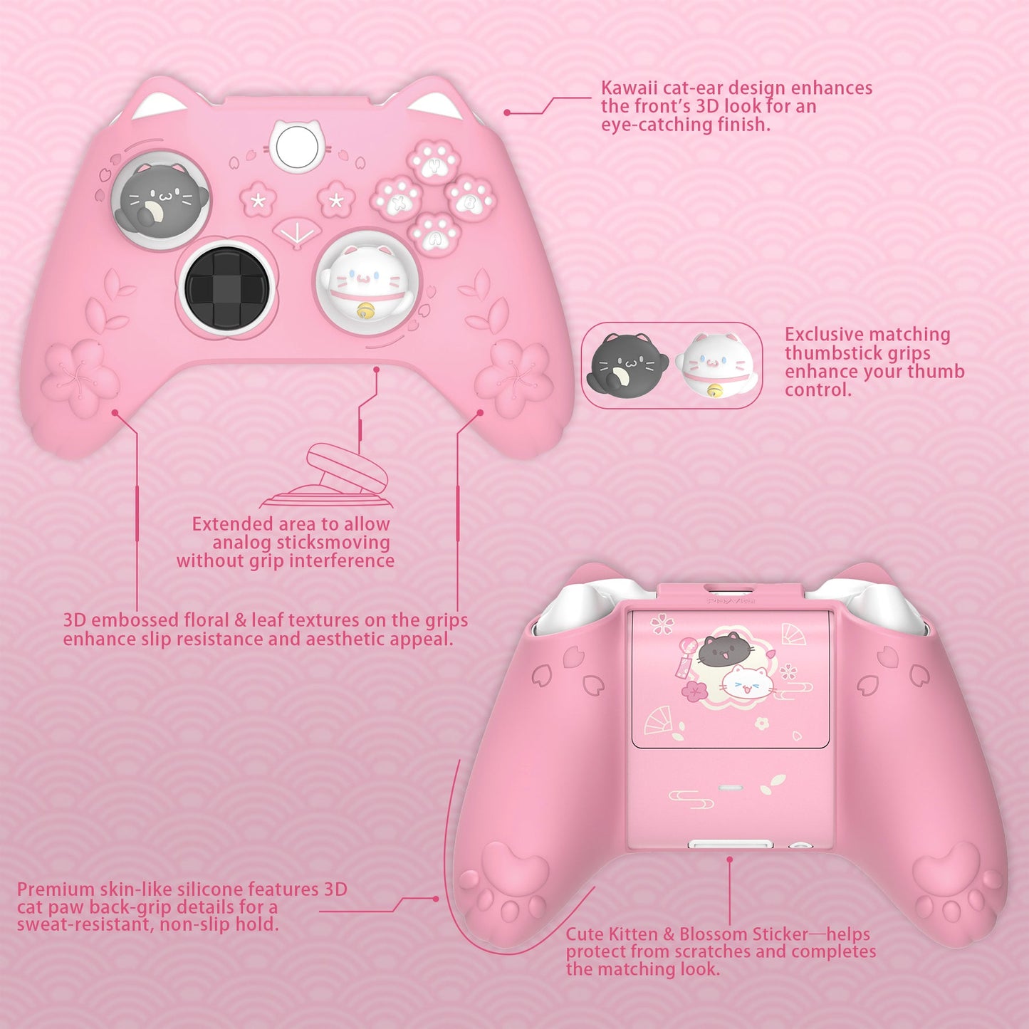 PlayVital Cherry Blossoms Kitten Silicone Cover for Xbox Series X/S Controller, Anti-slip Grip Protector for Xbox Core Wireless Controller with Thumb Grips & Sticker - Pink PlayVital