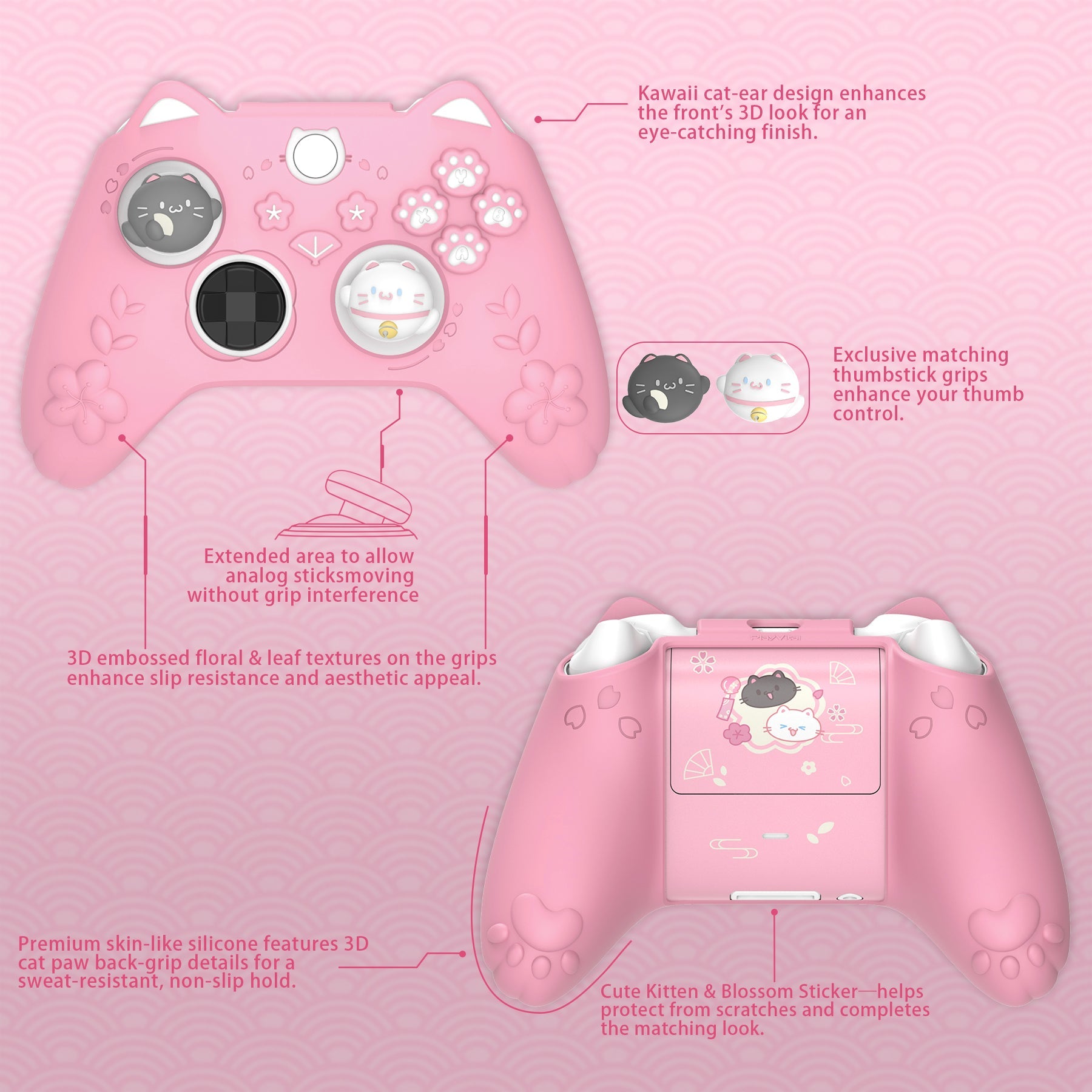 PlayVital Cherry Blossoms Kitten Silicone Cover for Xbox Series X/S Controller, Anti-slip Grip Protector for Xbox Core Wireless Controller with Thumb Grips & Sticker - Pink PlayVital
