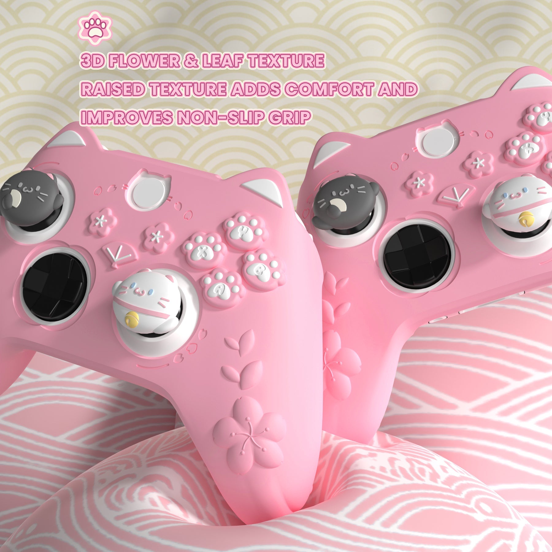 PlayVital Cherry Blossoms Kitten Silicone Cover for Xbox Series X/S Controller, Anti-slip Grip Protector for Xbox Core Wireless Controller with Thumb Grips & Sticker - Pink PlayVital