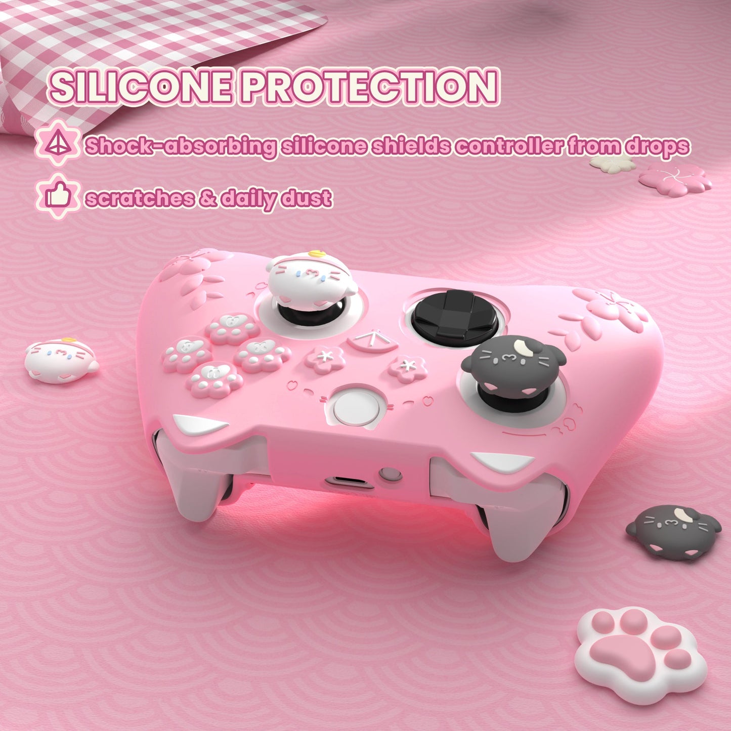 PlayVital Cherry Blossoms Kitten Silicone Cover for Xbox Series X/S Controller, Anti-slip Grip Protector for Xbox Core Wireless Controller with Thumb Grips & Sticker - Pink PlayVital