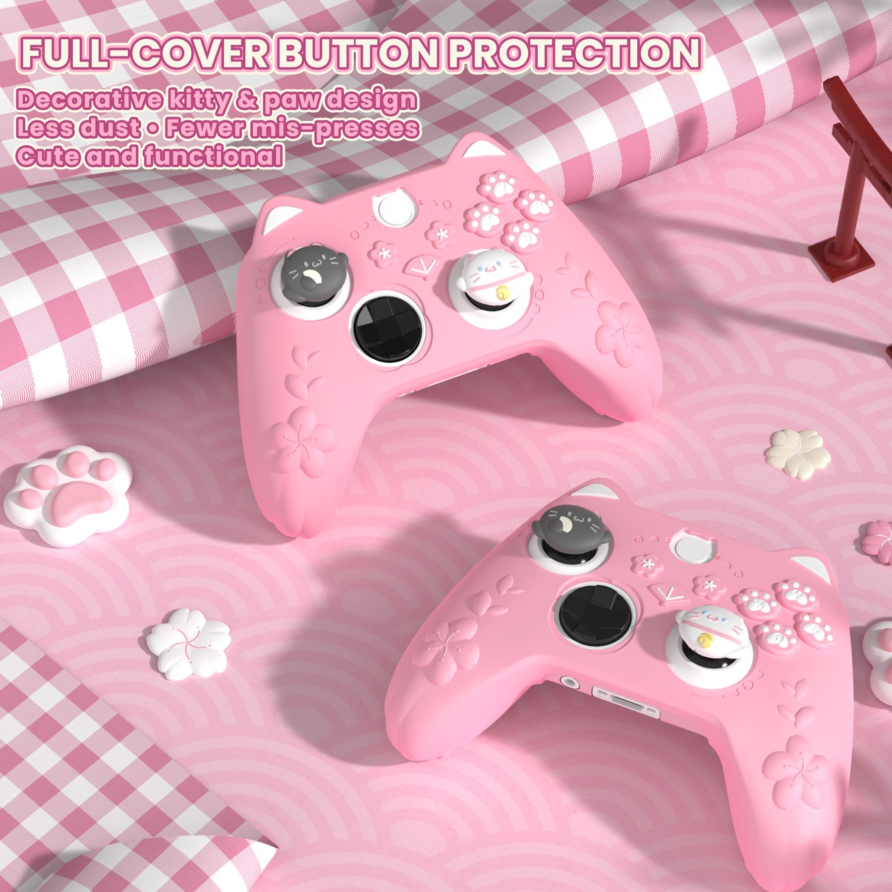 PlayVital Cherry Blossoms Kitten Silicone Cover for Xbox Series X/S Controller, Anti-slip Grip Protector for Xbox Core Wireless Controller with Thumb Grips & Sticker - Pink PlayVital