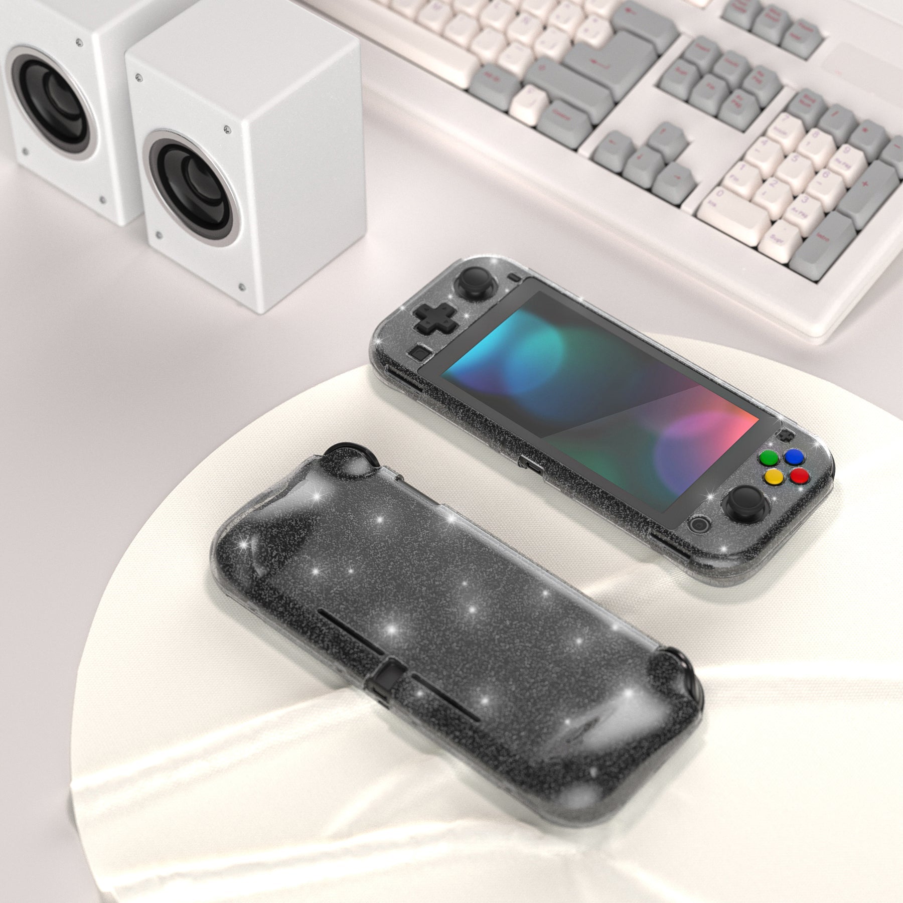 PlayVital Clear Glitter Silver Hard Protective Case for Nintendo Switch Lite, Glossy Ergonomic Hard Grip Cover with Screen Protector & Thumb Grips & Button Caps PlayVital