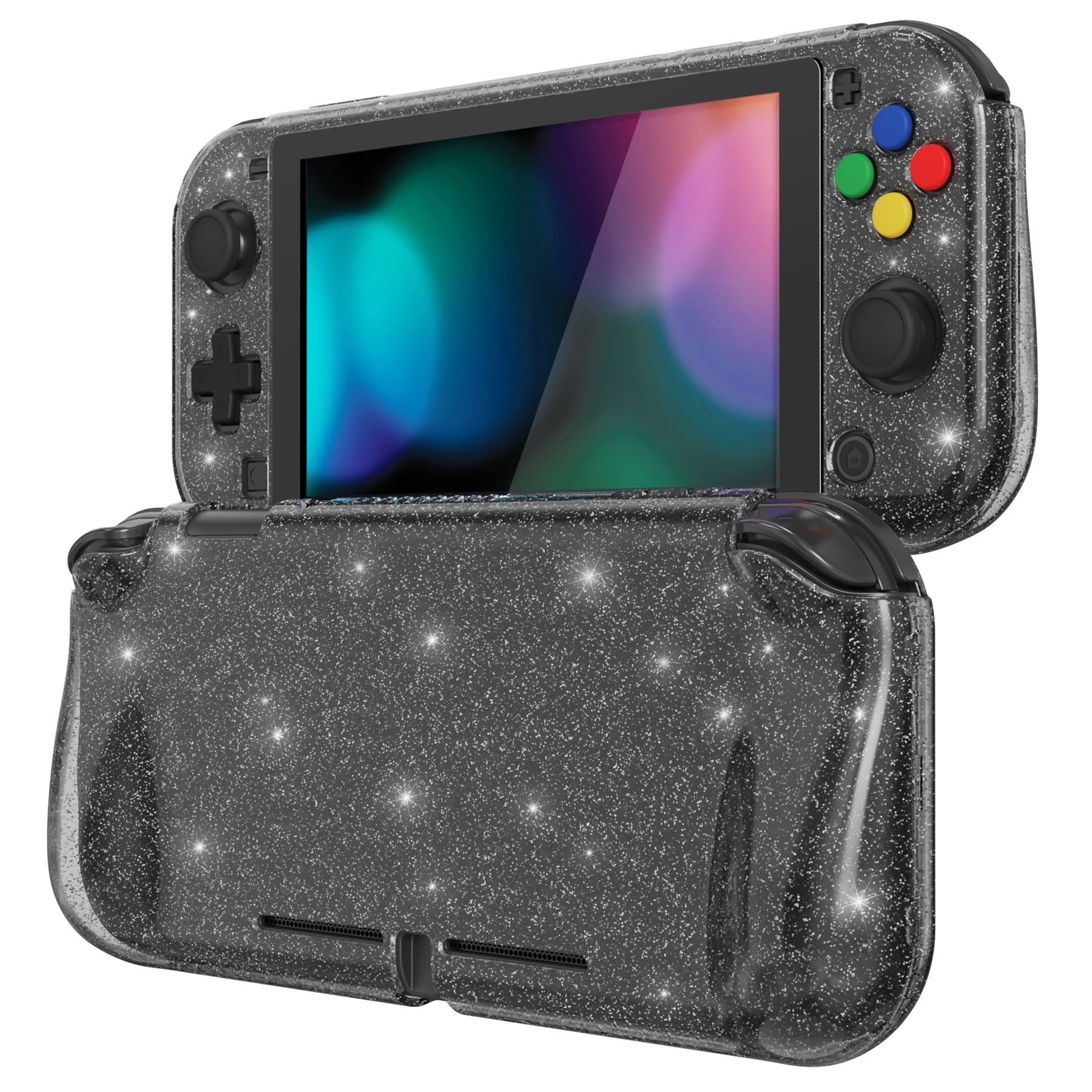 PlayVital Clear Glitter Silver Hard Protective Case for Nintendo Switch Lite, Glossy Ergonomic Hard Grip Cover with Screen Protector & Thumb Grips & Button Caps PlayVital