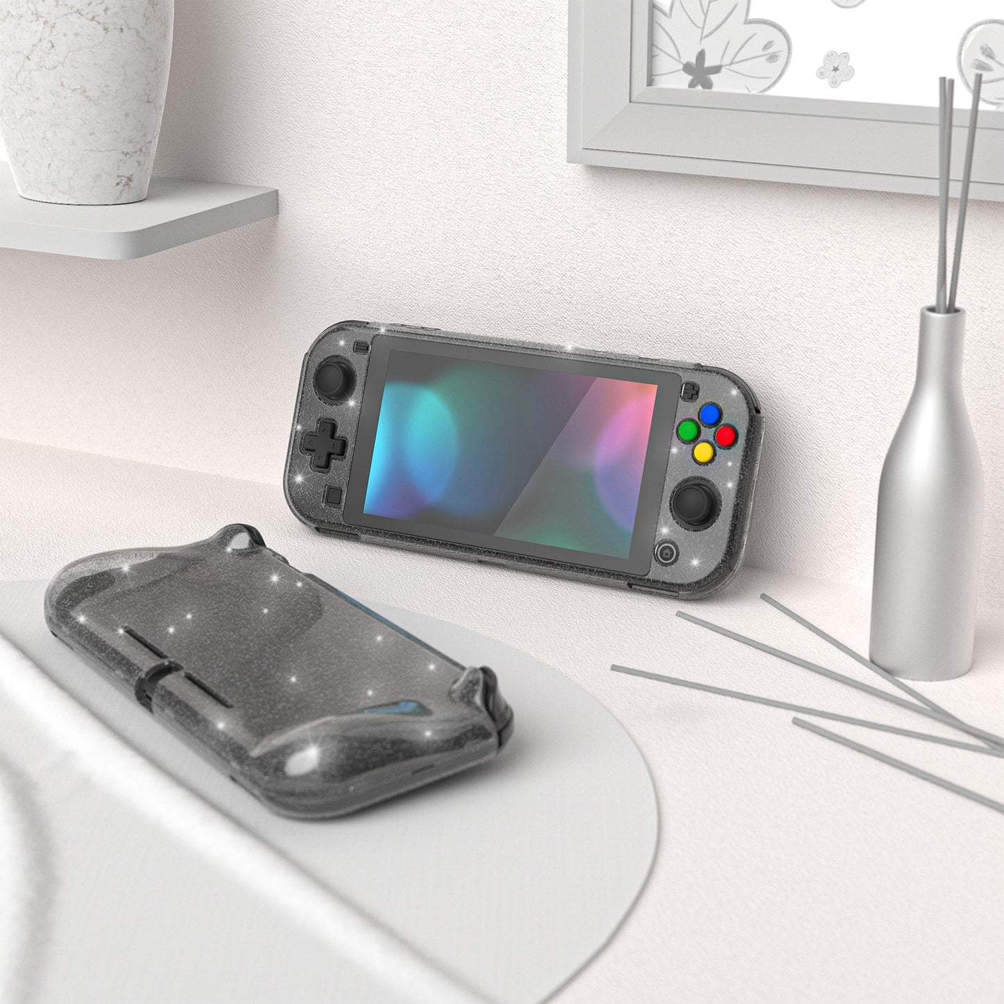 PlayVital Clear Glitter Silver Hard Protective Case for Nintendo Switch Lite, Glossy Ergonomic Hard Grip Cover with Screen Protector & Thumb Grips & Button Caps PlayVital