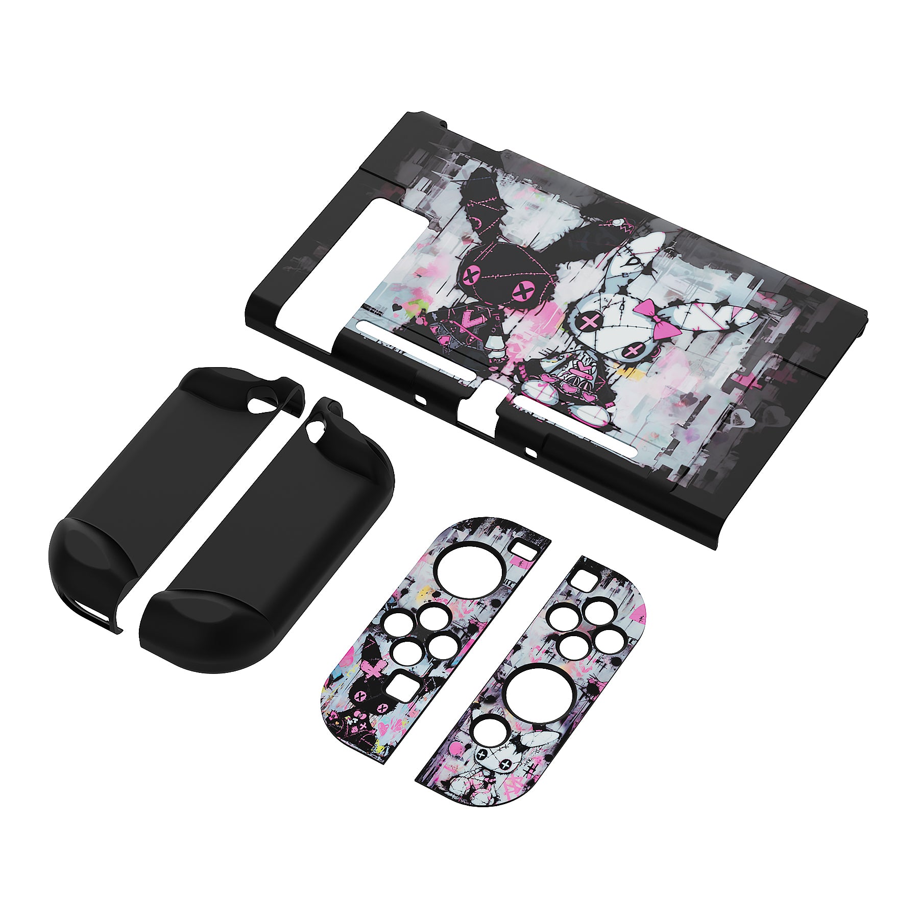 PlayVital Customized Dockable Hard Shell Protective Case with Colorful ABXY Direction Button Caps for Nintendo Switch Console - Lovely Punky Bunny PlayVital