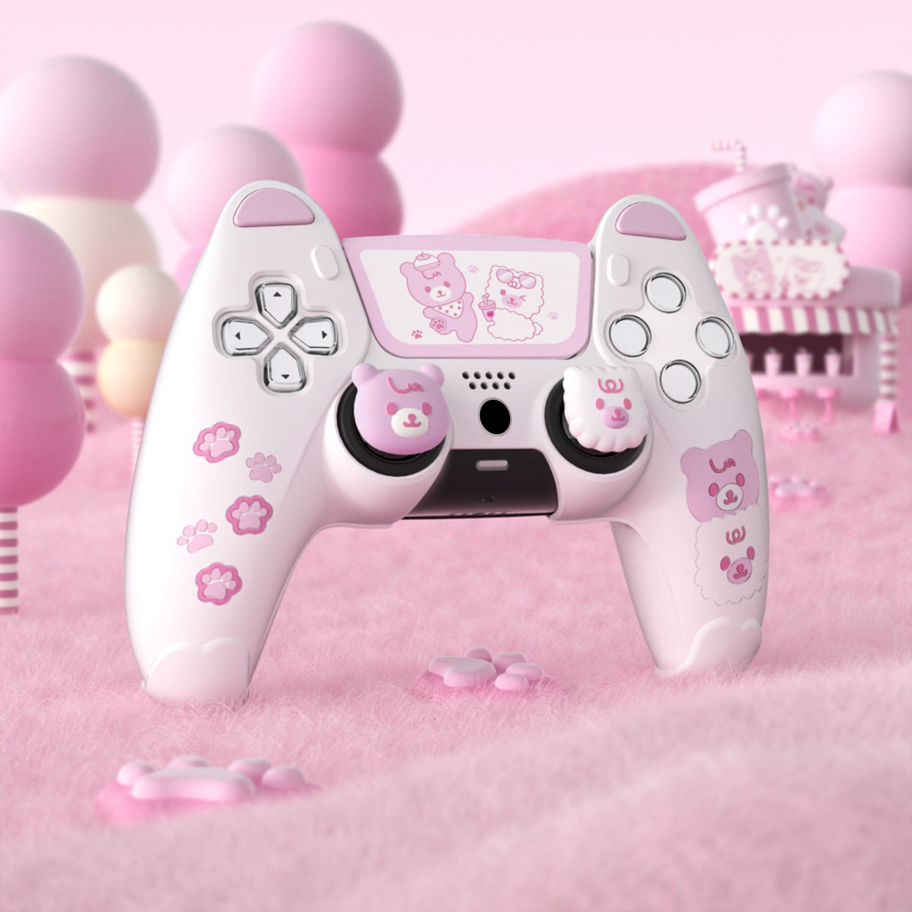 PlayVital Cute Bear Controller Silicone Case with Thumb Grips for PS5 Wireless Controller, Compatible with Charging Station - White & Pink - UYBPFP003 PlayVital