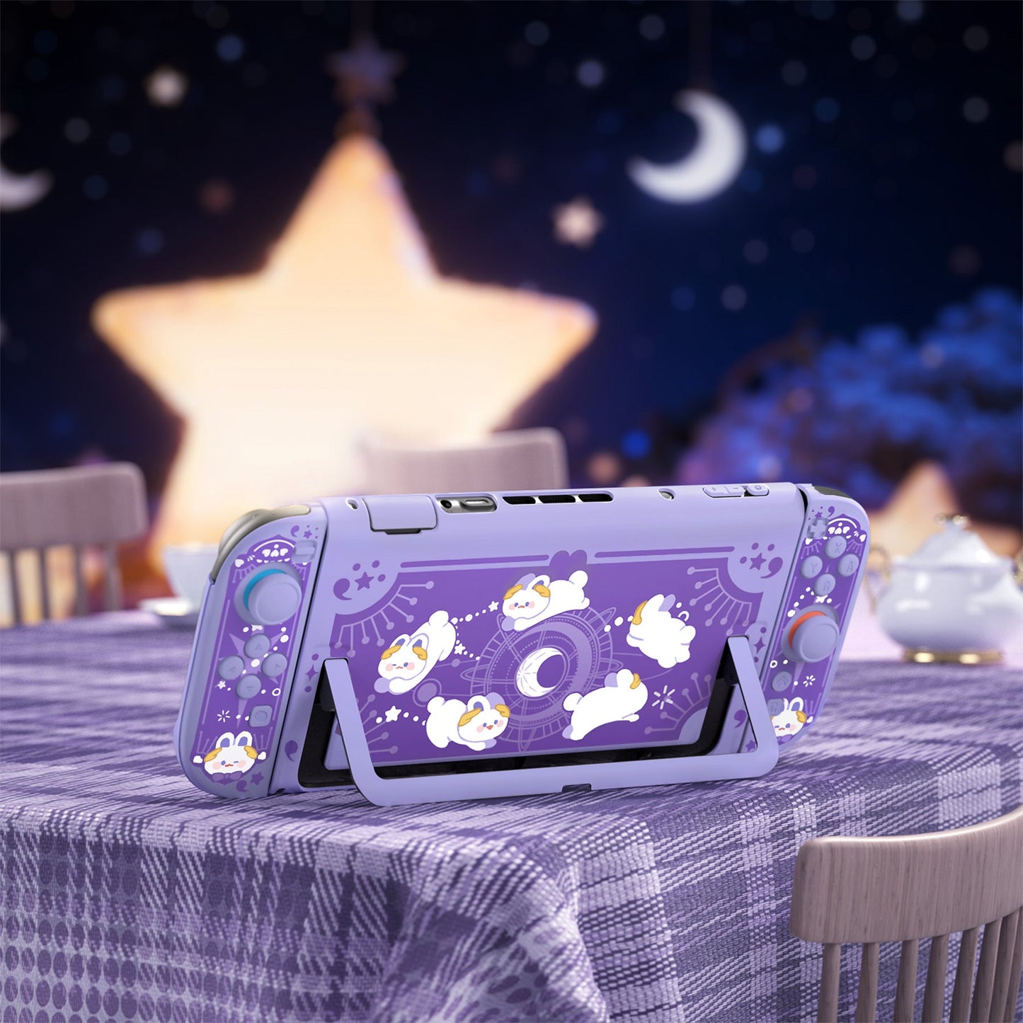 PlayVital Cute Cartoon Hard Protective Case for Nintendo Switch 2, Anti-scratch Kawaii Dockable Hard Case Shell for Switch 2 with Thumb Grip & Sticker & Button Caps - Celestial Rabbit Orbit PlayVital