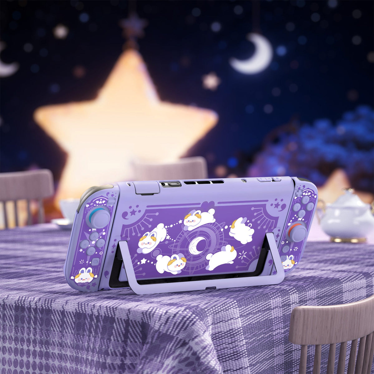 PlayVital Cute Cartoon Hard Protective Case for Nintendo Switch 2, Anti-scratch Kawaii Dockable Hard Case Shell for Switch 2 with Thumb Grip & Sticker & Button Caps - Celestial Rabbit Orbit PlayVital