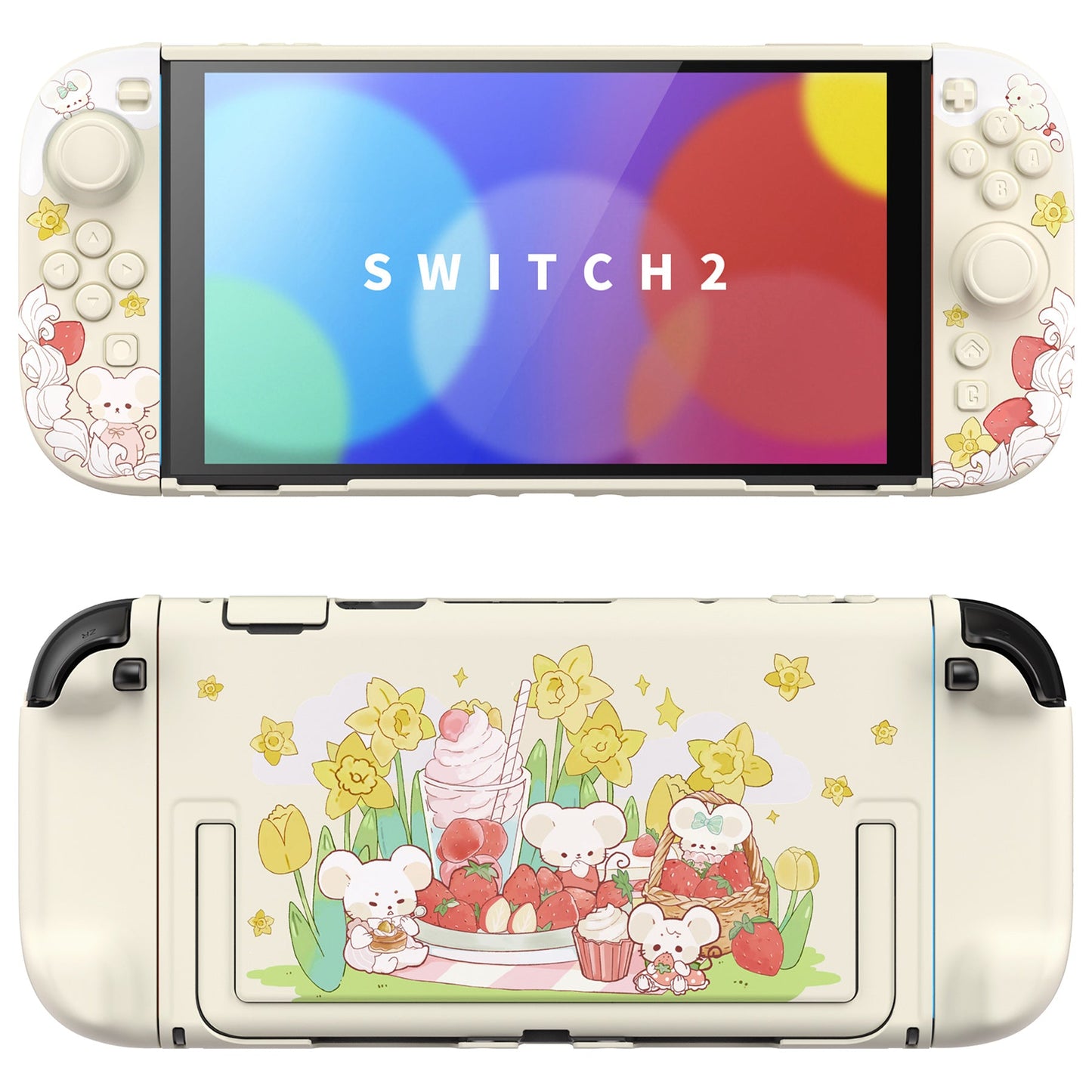 PlayVital Cute Cartoon Hard Protective Case for Nintendo Switch 2, Anti-scratch Kawaii Dockable Hard Case Shell for Switch 2 with Thumb Grip & Sticker & Button Caps - Creamy Mousie Picnic PlayVital