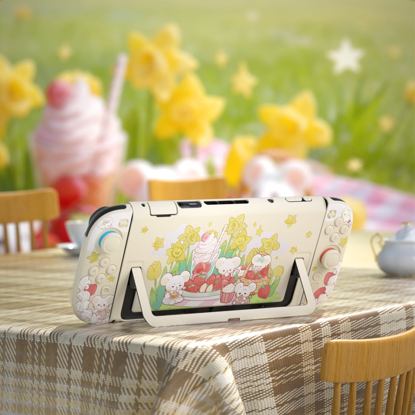 PlayVital Cute Cartoon Hard Protective Case for Nintendo Switch 2, Anti-scratch Kawaii Dockable Hard Case Shell for Switch 2 with Thumb Grip & Sticker & Button Caps - Creamy Mousie Picnic PlayVital