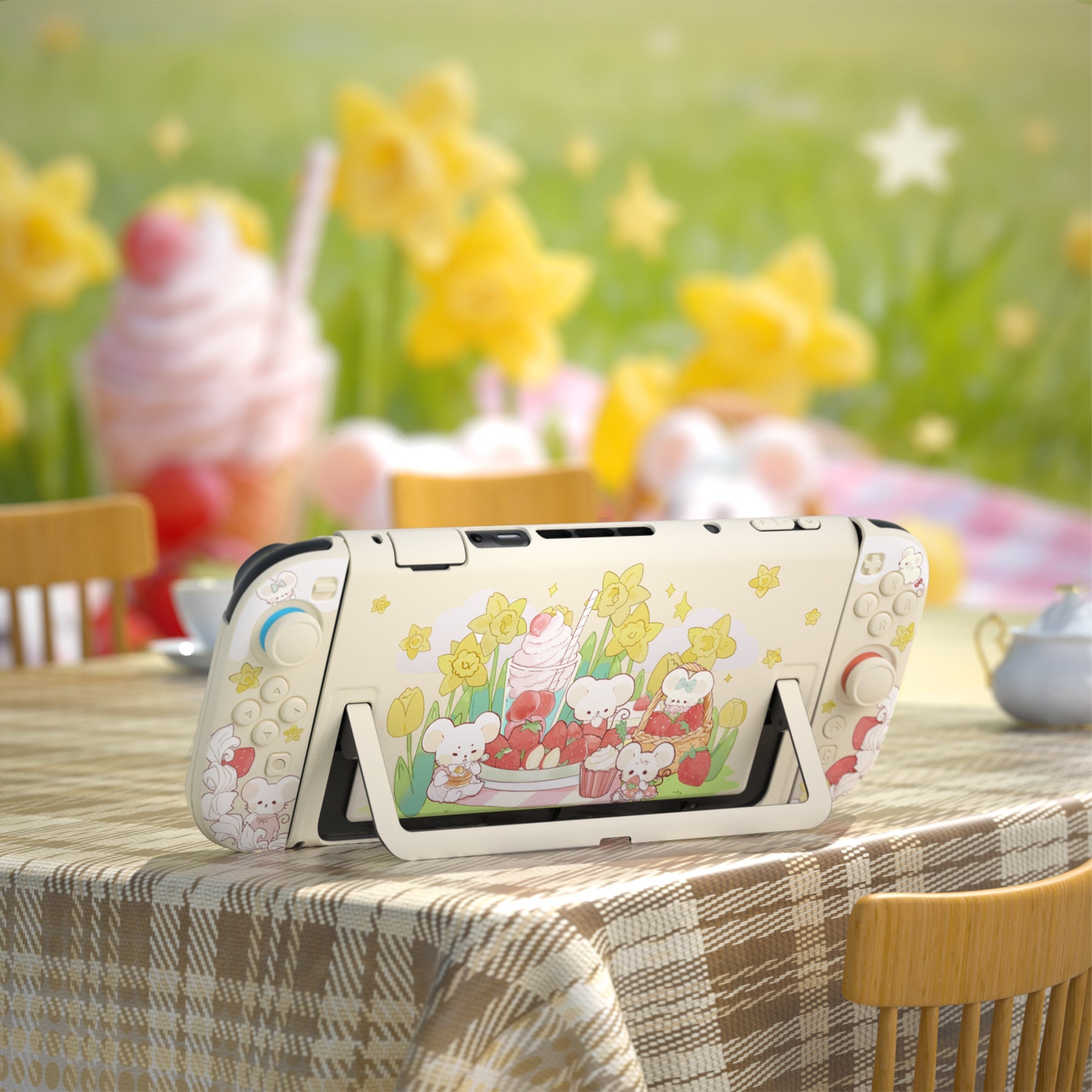 PlayVital Cute Cartoon Hard Protective Case for Nintendo Switch 2, Anti-scratch Kawaii Dockable Hard Case Shell for Switch 2 with Thumb Grip & Sticker & Button Caps - Creamy Mousie Picnic PlayVital