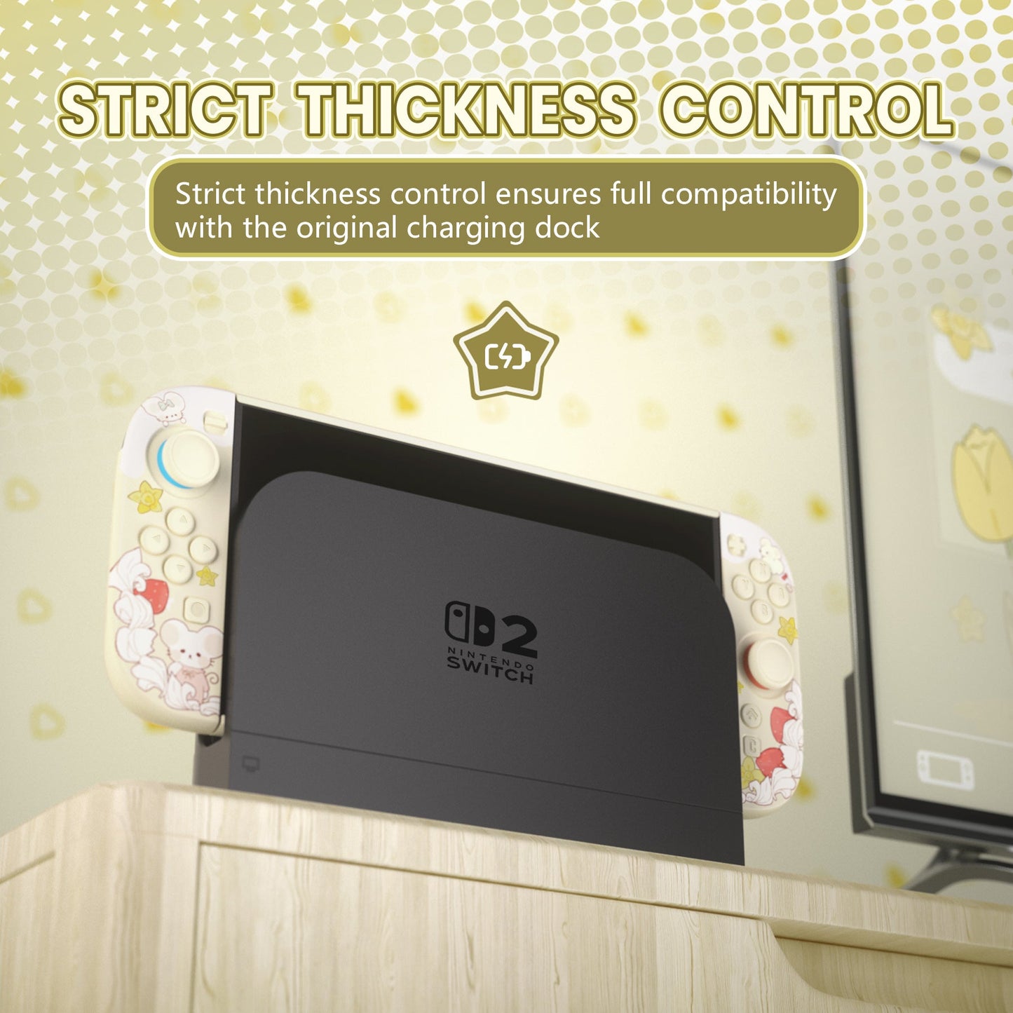 PlayVital Cute Cartoon Hard Protective Case for Nintendo Switch 2, Anti-scratch Kawaii Dockable Hard Case Shell for Switch 2 with Thumb Grip & Sticker & Button Caps - Creamy Mousie Picnic PlayVital