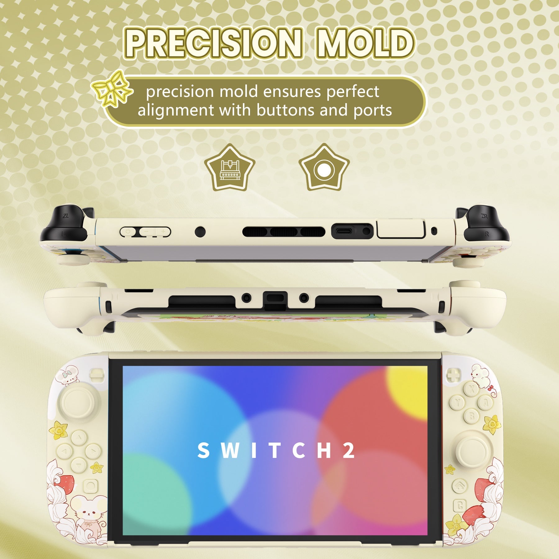 PlayVital Cute Cartoon Hard Protective Case for Nintendo Switch 2, Anti-scratch Kawaii Dockable Hard Case Shell for Switch 2 with Thumb Grip & Sticker & Button Caps - Creamy Mousie Picnic PlayVital