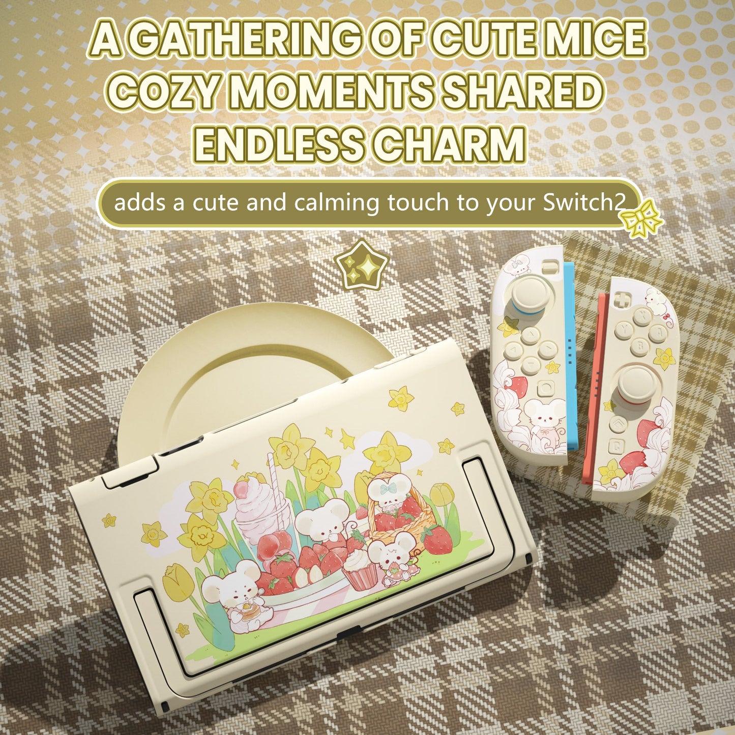 PlayVital Cute Cartoon Hard Protective Case for Nintendo Switch 2, Anti-scratch Kawaii Dockable Hard Case Shell for Switch 2 with Thumb Grip & Sticker & Button Caps - Creamy Mousie Picnic PlayVital