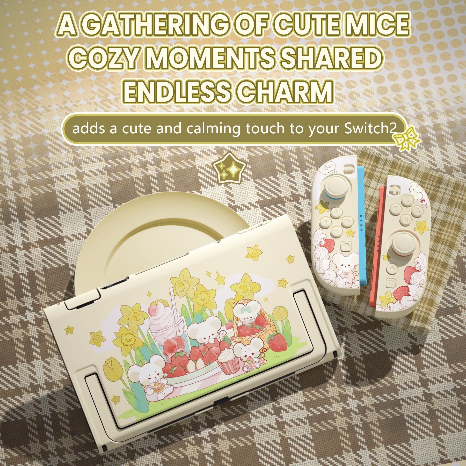 PlayVital Cute Cartoon Hard Protective Case for Nintendo Switch 2, Anti-scratch Kawaii Dockable Hard Case Shell for Switch 2 with Thumb Grip & Sticker & Button Caps - Creamy Mousie Picnic PlayVital