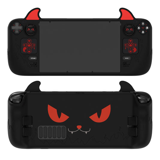 PlayVital Cute Demon Protective Case with Thumb Grip Caps & Trackpads Stickers & Back Button Enhancement Set for Steam Deck LCD & OLED - Black
