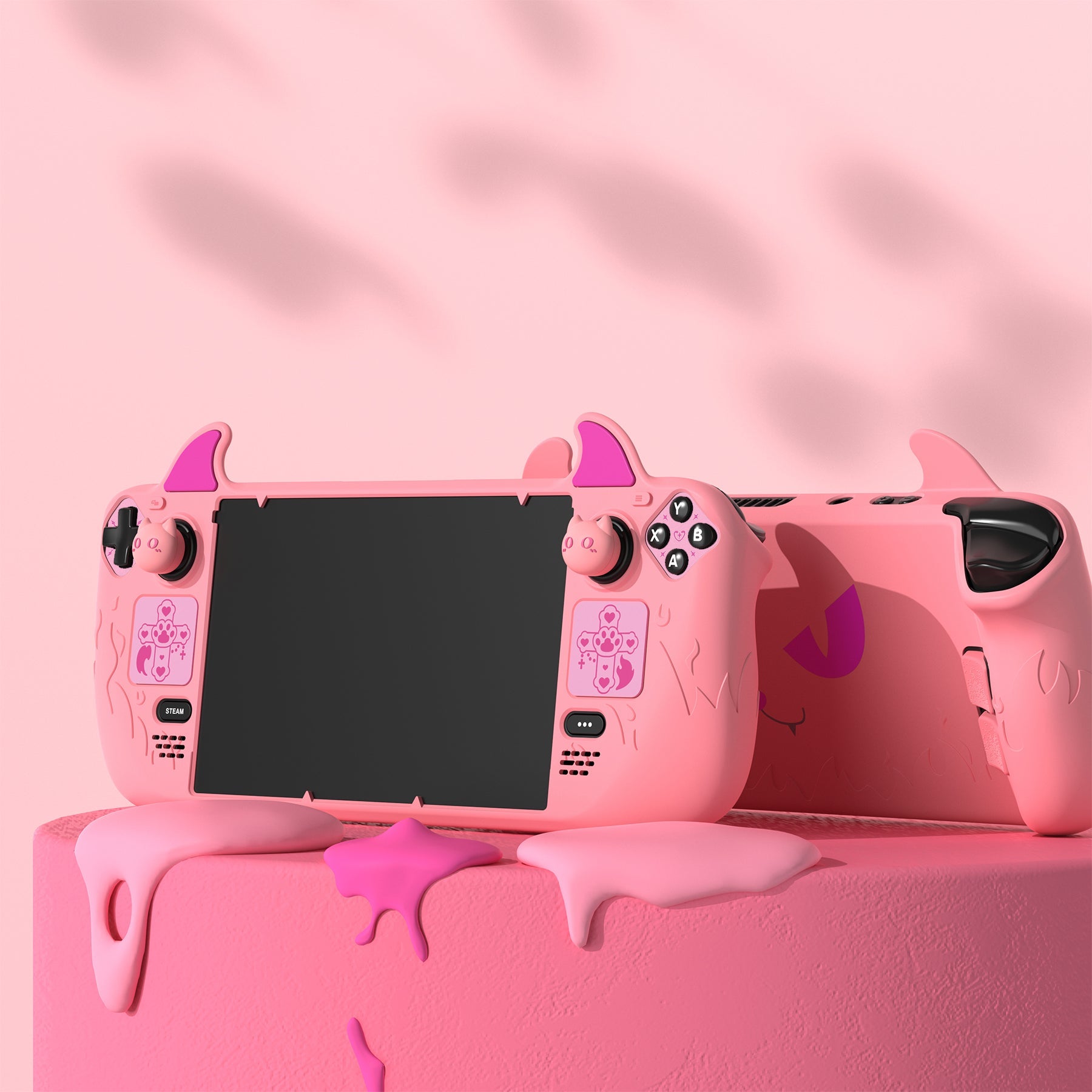 PlayVital Cute Demon Protective Case with Thumb Grips Caps for Steam Deck LCD & OLED - Pink PlayVital