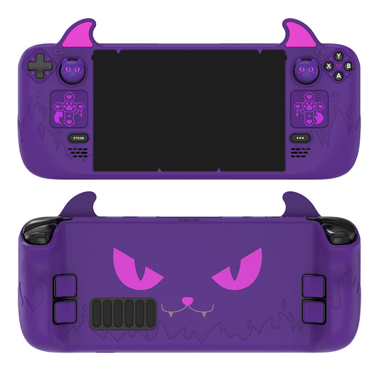 PlayVital Cute Demon Protective Case with Thumb Grip Caps & Trackpads Stickers & Back Button Enhancement Set for Steam Deck LCD & OLED - Purple