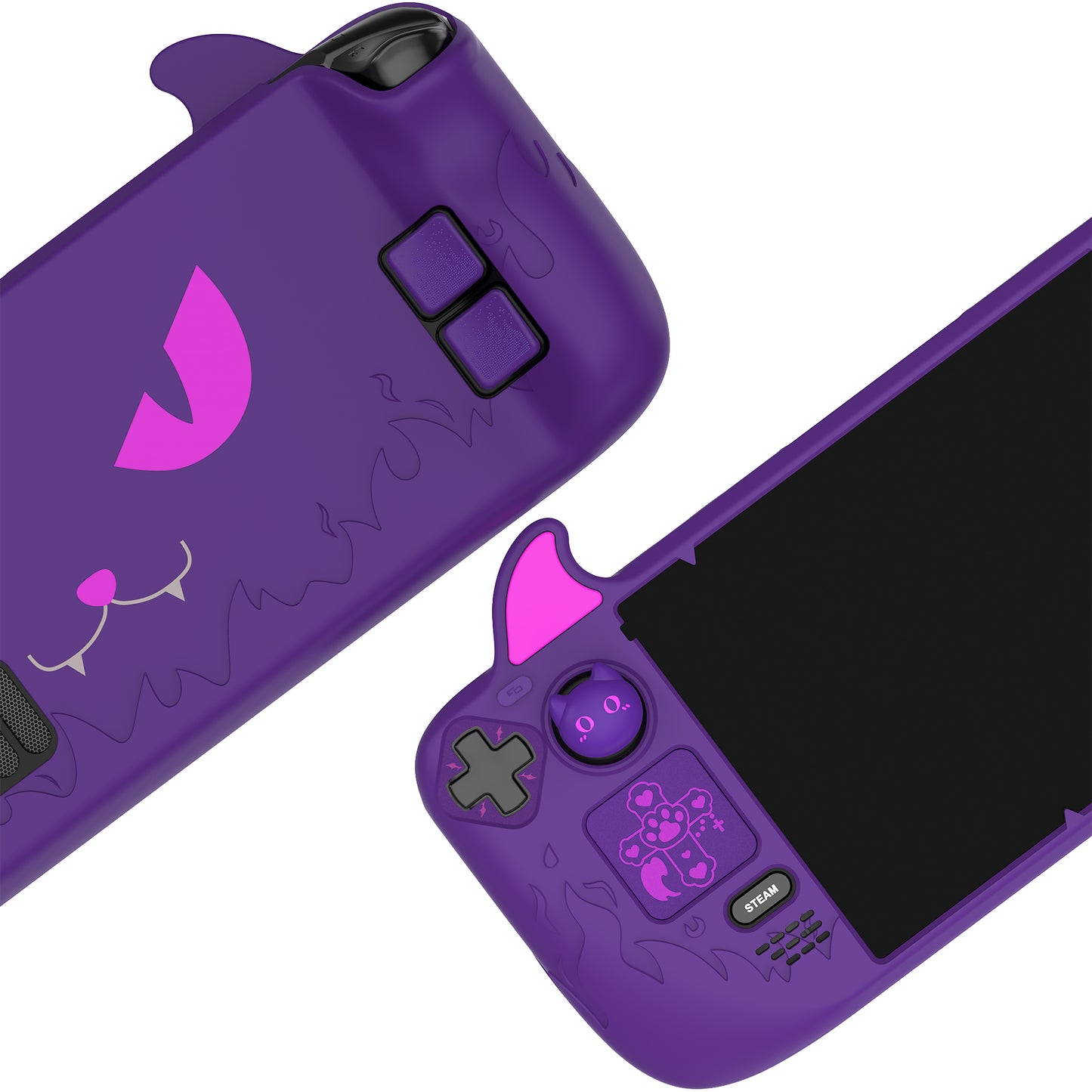 PlayVital Cute Demon Protective Case with Thumb Grip Caps & Trackpads Stickers & Back Button Enhancement Set for Steam Deck LCD & OLED - Purple