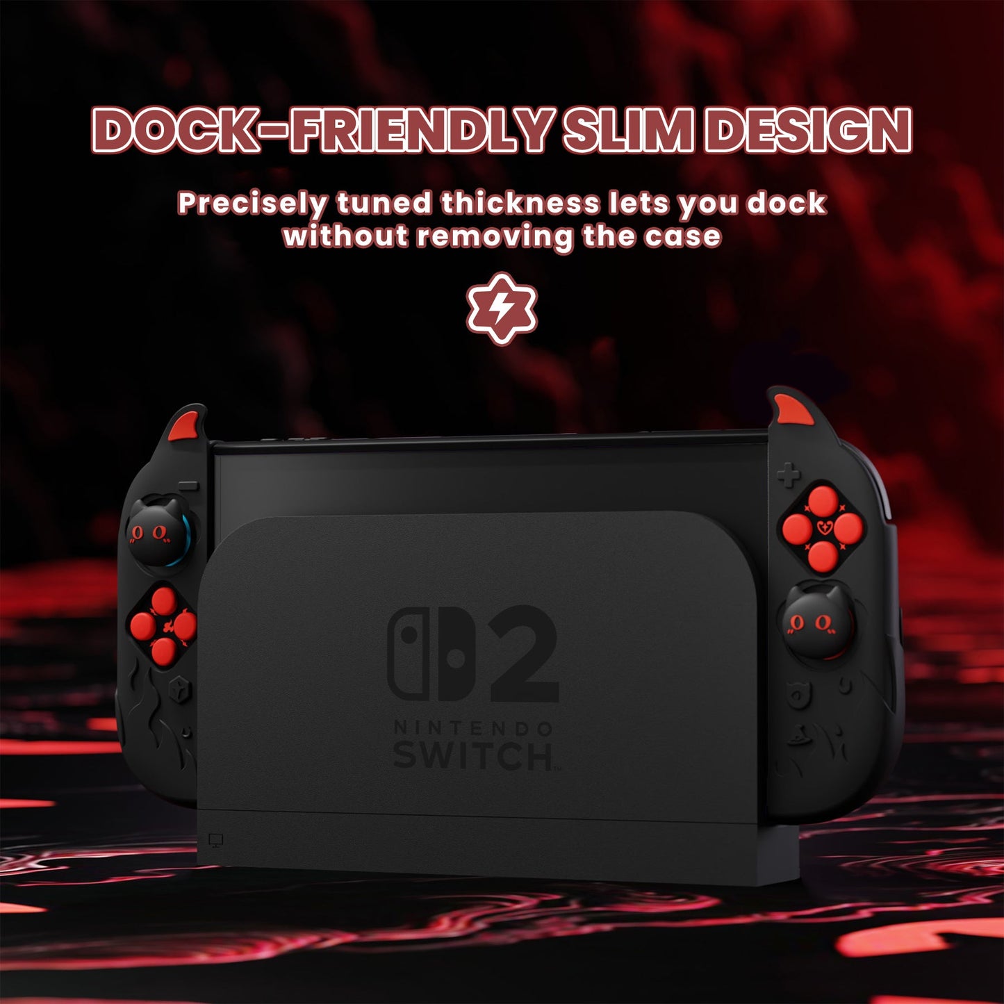 PlayVital Cute Demon Protective Shell for Nintendo Switch 2, Kawaii Anti-Slip Dockable Hard Case for Nintendo Switch 2 with Thumb Grips & Sticker - Black PlayVital