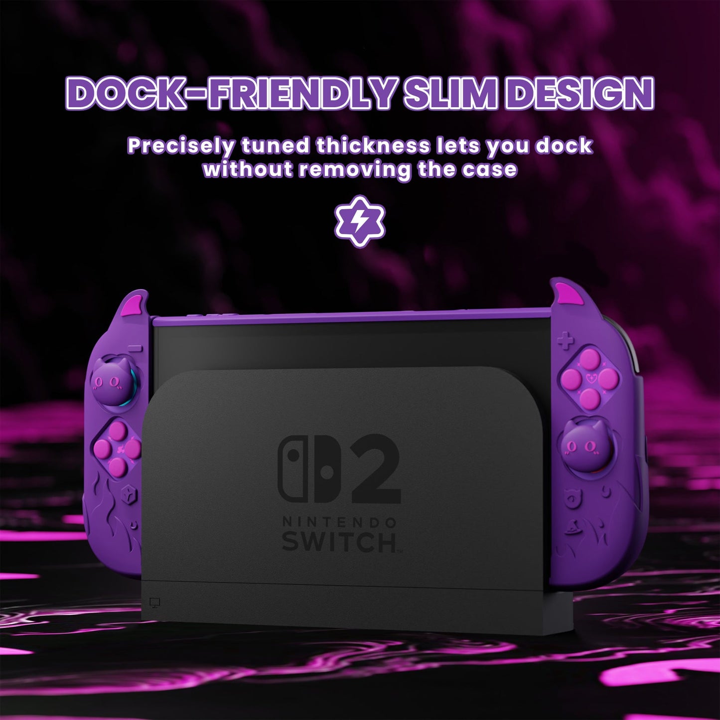 PlayVital Cute Demon Protective Shell for Nintendo Switch 2, Kawaii Anti-Slip Dockable Hard Case for Nintendo Switch 2 with Thumb Grips & Sticker - Purple PlayVital