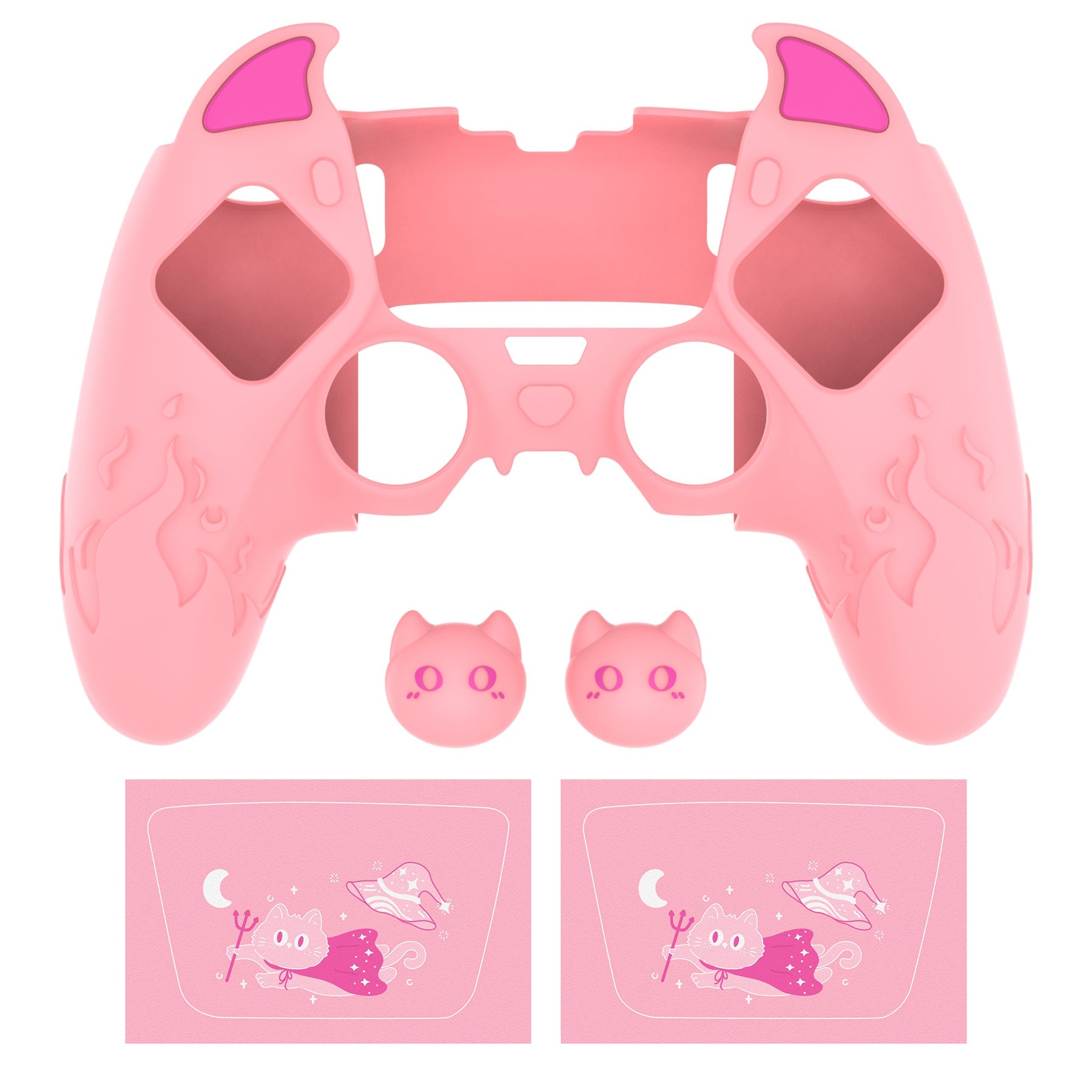 PlayVital Cute Demon Silicone Case with Touch Pad Sticker & Thumb Grip Caps for PS5 Edge Controller - Pink PlayVital