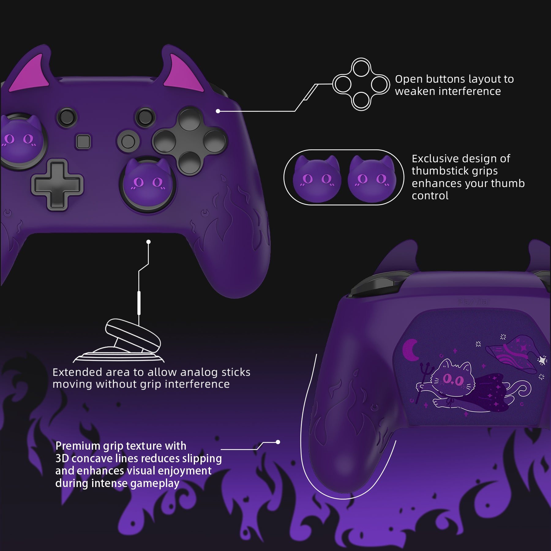 PlayVital Cute Demon Silicone Grip Cover with Thumb Grips and Stickers for Nintendo Switch Pro Controller - Purple PlayVital