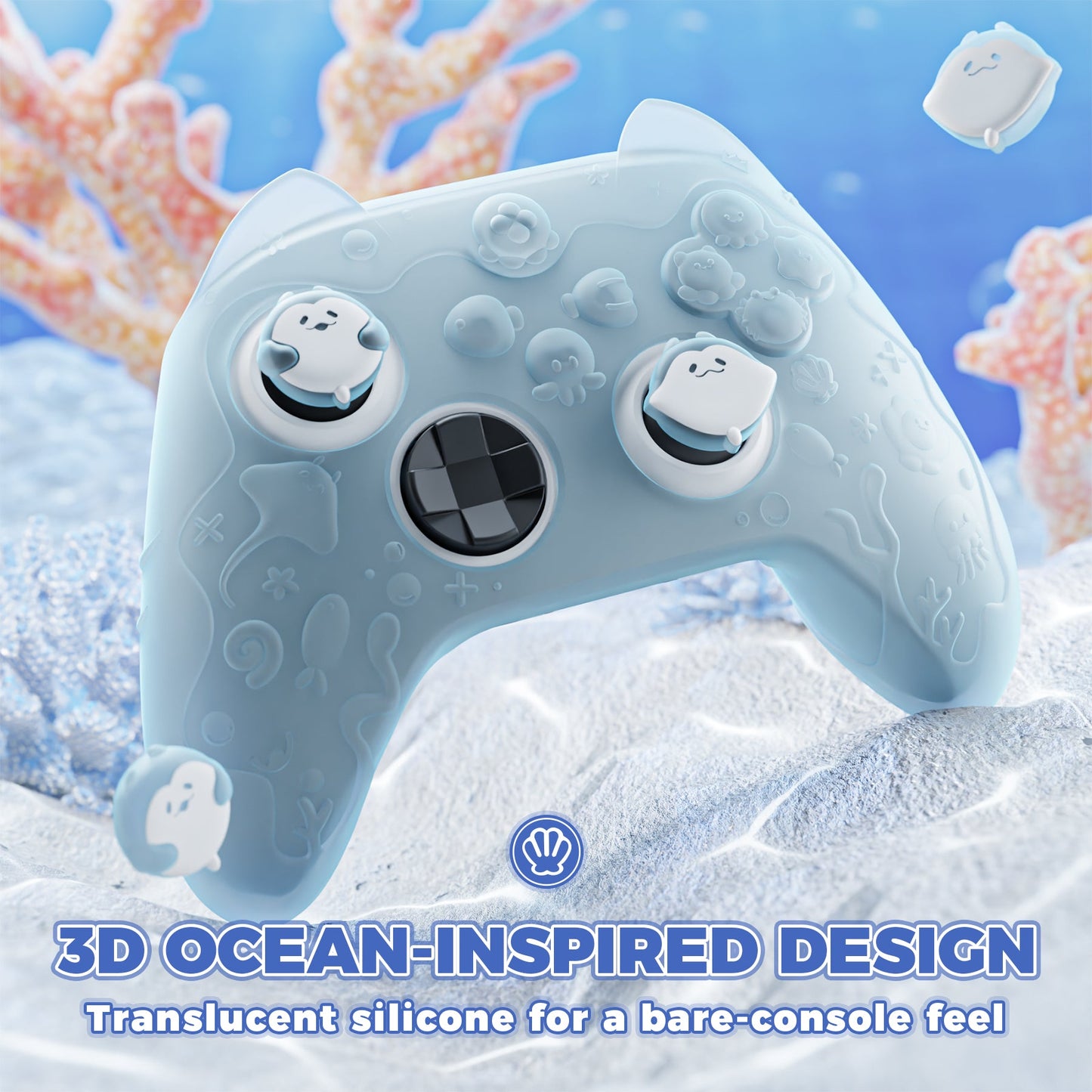 PlayVital Cute Ocean Whisper Series Silicone Cover for Xbox Series X/S Controller, Semi-Clear Silicone Skin Grip for Xbox Core Wireless Controller with Thumb Grip & Sticker - Mint Blue PlayVital