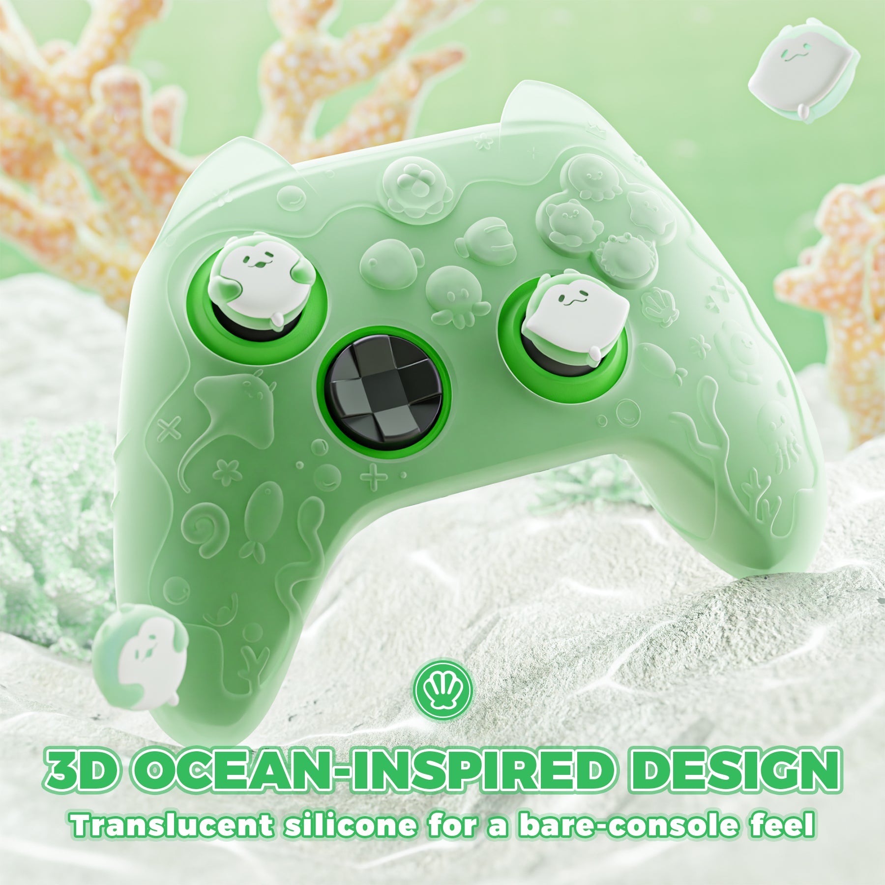 PlayVital Cute Ocean Whisper Series Silicone Cover for Xbox Series X/S Controller, Semi-Clear Silicone Skin Grip for Xbox Core Wireless Controller with Thumb Grip & Sticker - Pastel Green PlayVital