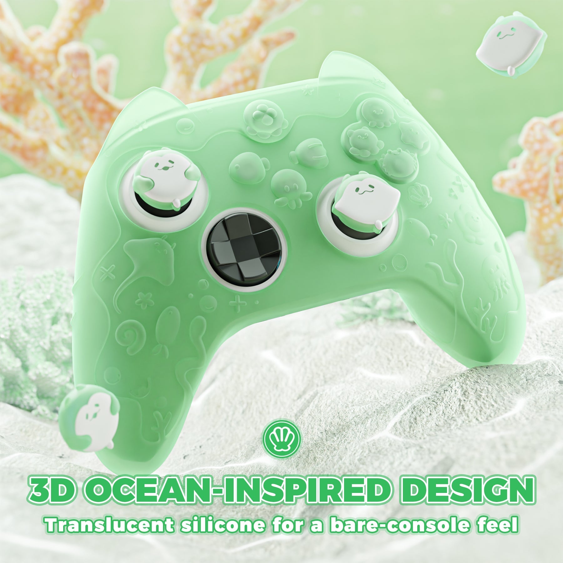 PlayVital Cute Ocean Whisper Series Silicone Cover for Xbox Series X/S Controller, Semi-Clear Silicone Skin Grip for Xbox Core Wireless Controller with Thumb Grip & Sticker - Pastel Green PlayVital