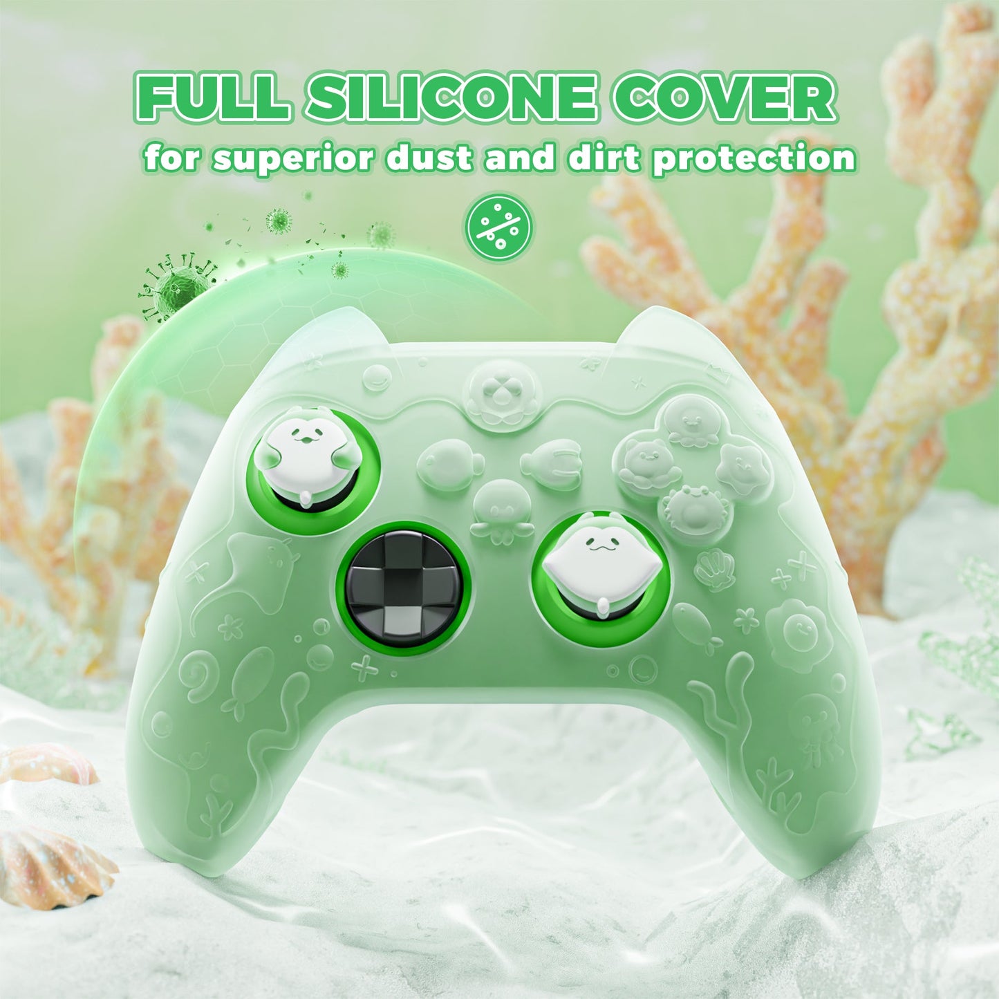 PlayVital Cute Ocean Whisper Series Silicone Cover for Xbox Series X/S Controller, Semi-Clear Silicone Skin Grip for Xbox Core Wireless Controller with Thumb Grip & Sticker - Pastel Green PlayVital