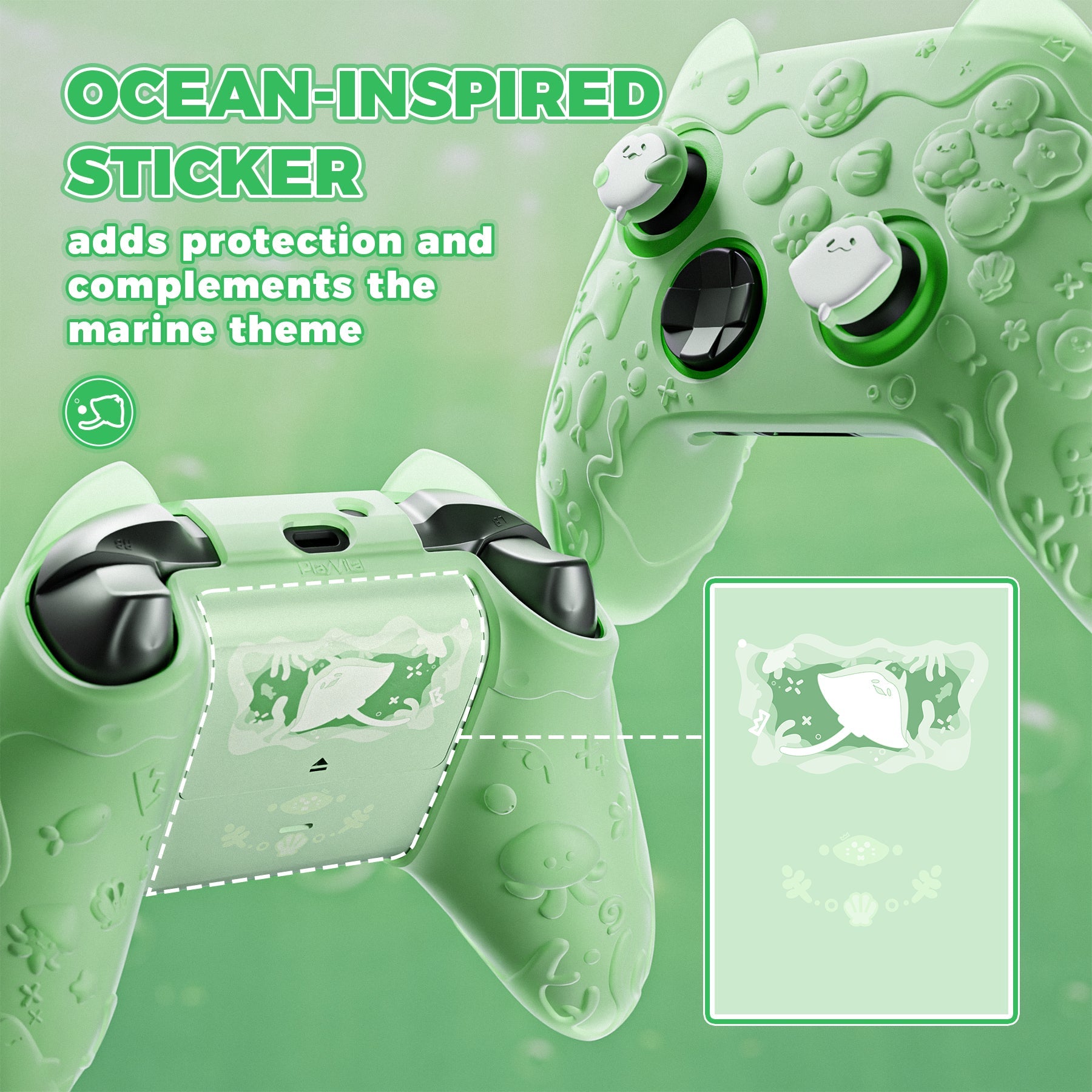 PlayVital Cute Ocean Whisper Series Silicone Cover for Xbox Series X/S Controller, Semi-Clear Silicone Skin Grip for Xbox Core Wireless Controller with Thumb Grip & Sticker - Pastel Green PlayVital