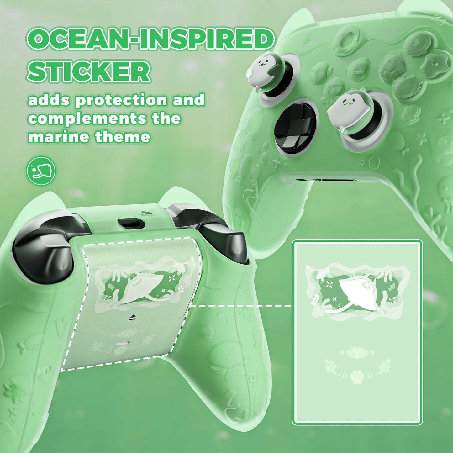 PlayVital Cute Ocean Whisper Series Silicone Cover for Xbox Series X/S Controller, Semi-Clear Silicone Skin Grip for Xbox Core Wireless Controller with Thumb Grip & Sticker - Pastel Green PlayVital