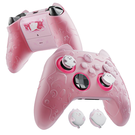 PlayVital Cute Ocean Whisper Series Silicone Cover for Xbox Series X/S Controller, Semi-Clear Silicone Skin Grip for Xbox Core Wireless Controller with Thumb Grip & Sticker - Peach Pink PlayVital