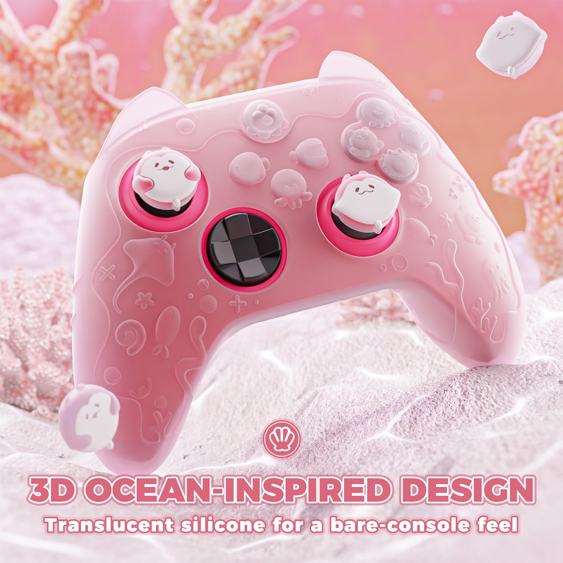 PlayVital Cute Ocean Whisper Series Silicone Cover for Xbox Series X/S Controller, Semi-Clear Silicone Skin Grip for Xbox Core Wireless Controller with Thumb Grip & Sticker - Peach Pink PlayVital