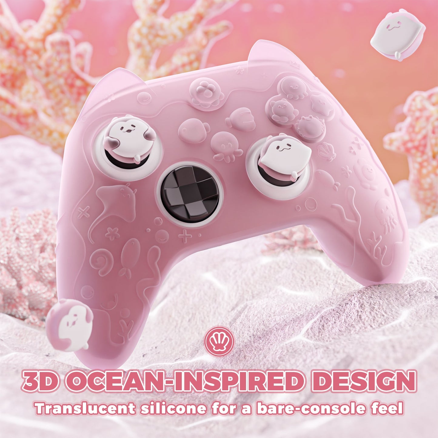 PlayVital Cute Ocean Whisper Series Silicone Cover for Xbox Series X/S Controller, Semi-Clear Silicone Skin Grip for Xbox Core Wireless Controller with Thumb Grip & Sticker - Peach Pink PlayVital