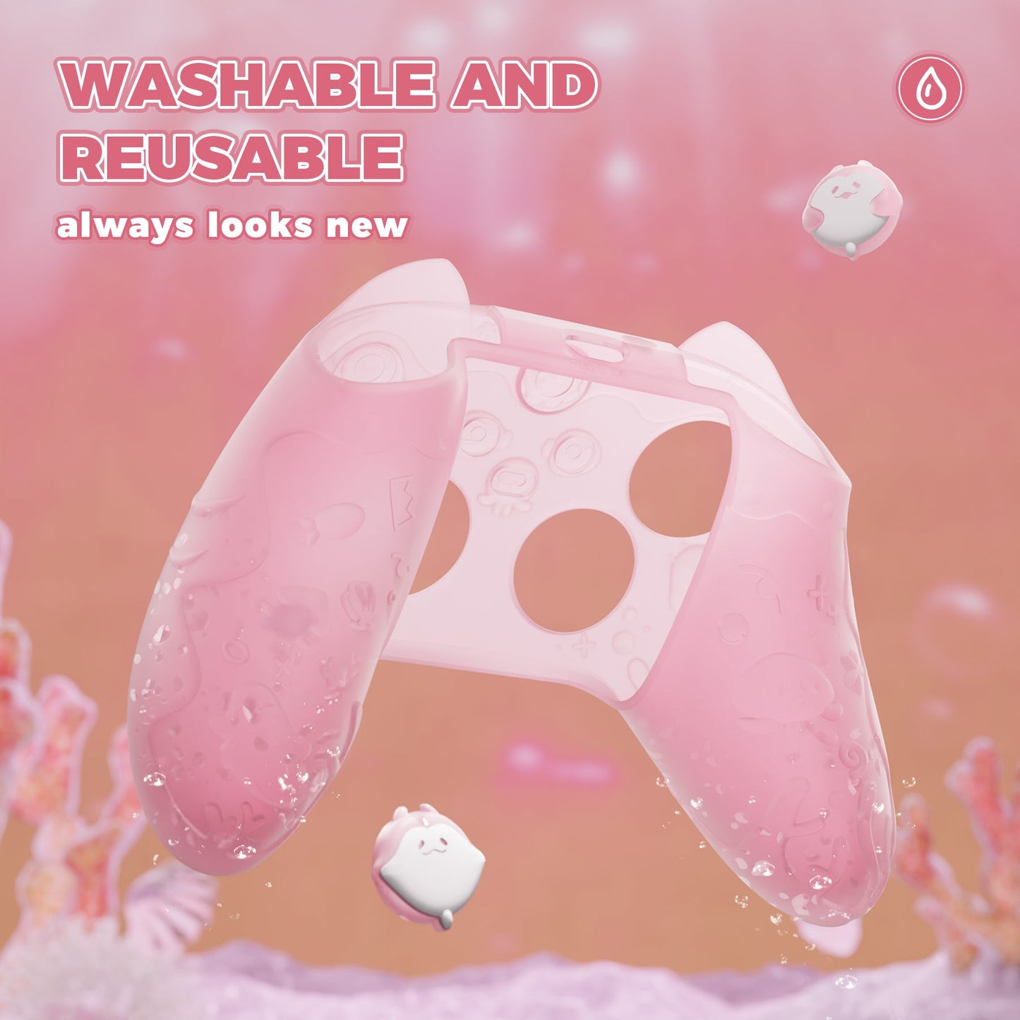 PlayVital Cute Ocean Whisper Series Silicone Cover for Xbox Series X/S Controller, Semi-Clear Silicone Skin Grip for Xbox Core Wireless Controller with Thumb Grip & Sticker - Peach Pink PlayVital