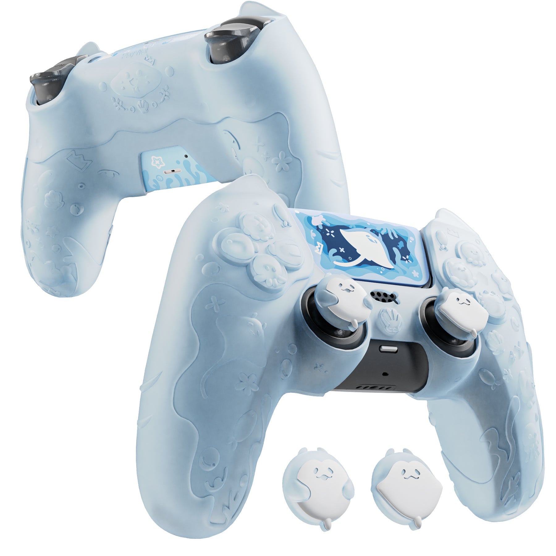 PlayVital Cute Ocean Whisper Series with Thumb Grip & Sticker Semi-Clear Silicone Case for PS5 Controller, Charging Station Compatible - Mint Blue PlayVital