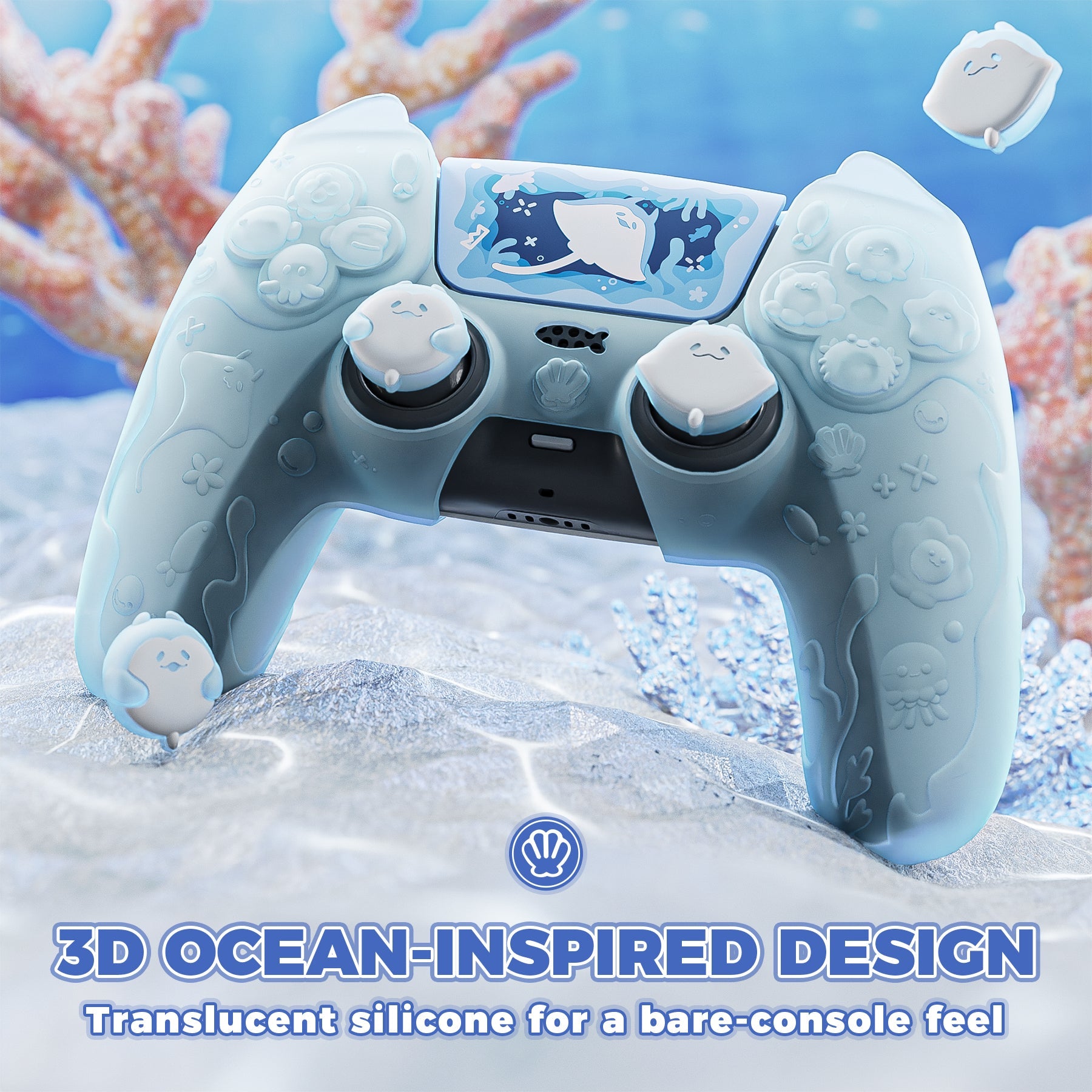 PlayVital Cute Ocean Whisper Series with Thumb Grip & Sticker Semi-Clear Silicone Case for PS5 Controller, Charging Station Compatible - Mint Blue PlayVital