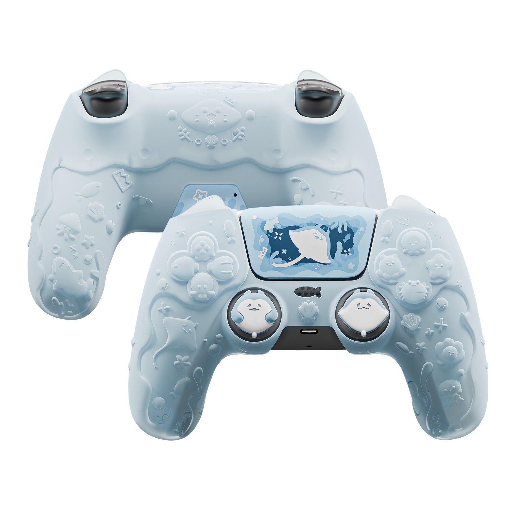 PlayVital Cute Ocean Whisper Series with Thumb Grip & Sticker Semi-Clear Silicone Case for PS5 Controller, Charging Station Compatible - Mint Blue PlayVital