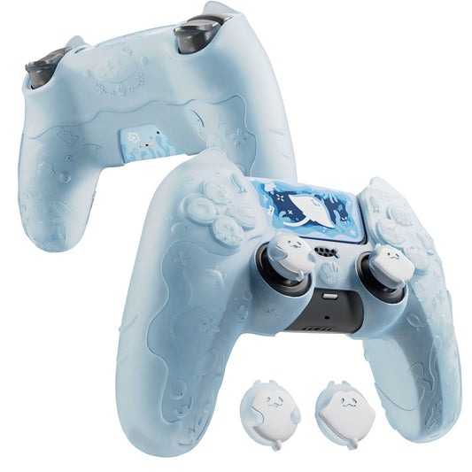 PlayVital Cute Ocean Whisper Series with Thumb Grip & Sticker Semi-Clear Silicone Case for PS5 Controller, Charging Station Compatible - Mint Blue PlayVital