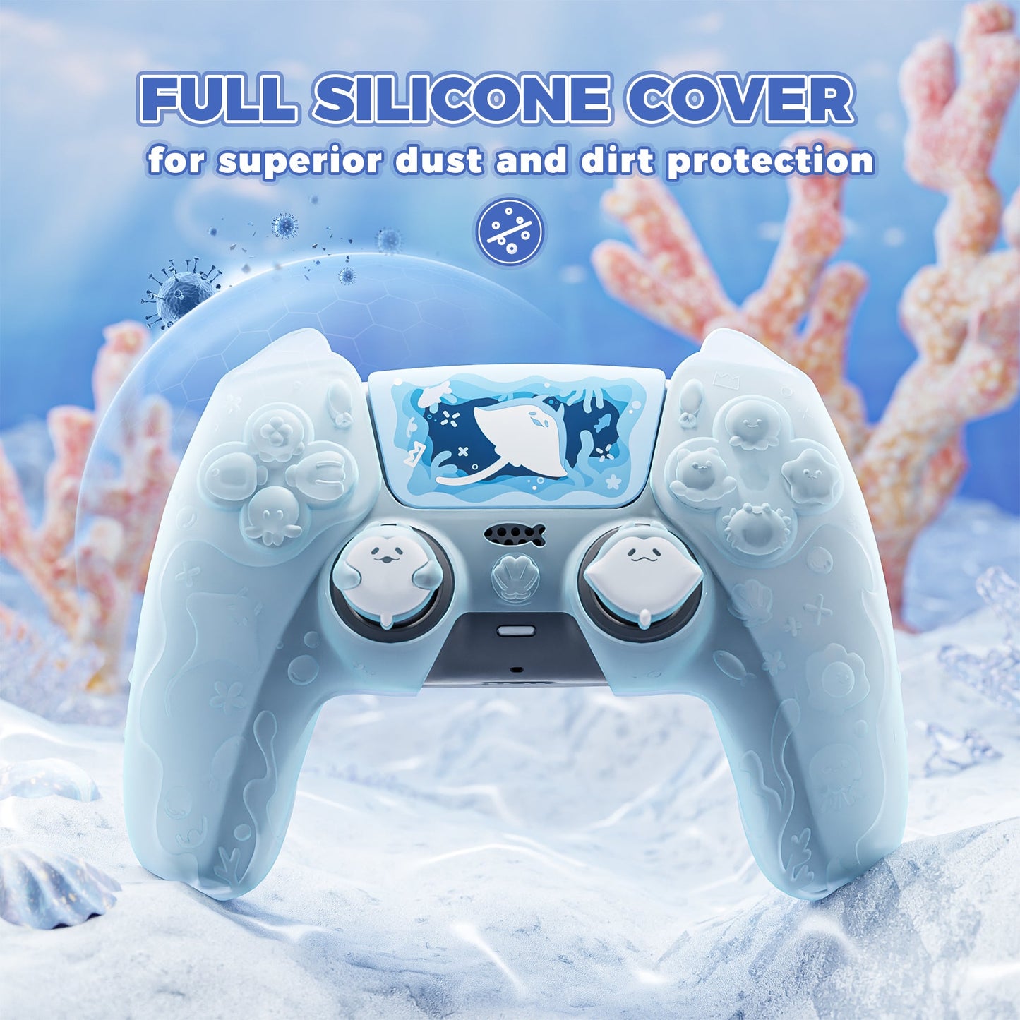 PlayVital Cute Ocean Whisper Series with Thumb Grip & Sticker Semi-Clear Silicone Case for PS5 Controller, Charging Station Compatible - Mint Blue PlayVital
