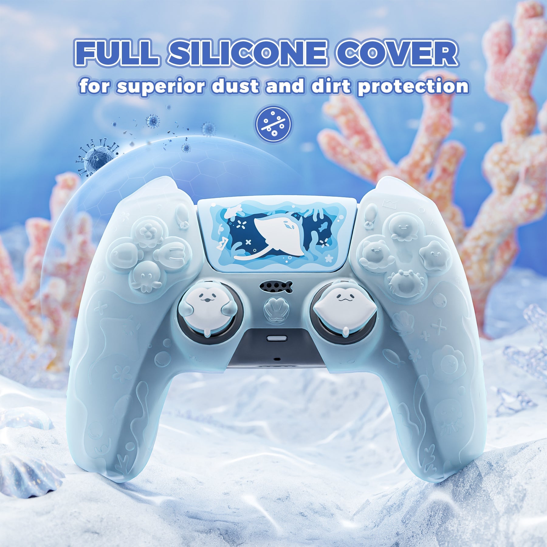 PlayVital Cute Ocean Whisper Series with Thumb Grip & Sticker Semi-Clear Silicone Case for PS5 Controller, Charging Station Compatible - Mint Blue PlayVital