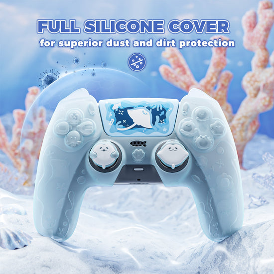 PlayVital Cute Ocean Whisper Series with Thumb Grip & Sticker Semi-Clear Silicone Case for PS5 Controller, Charging Station Compatible - Mint Blue PlayVital