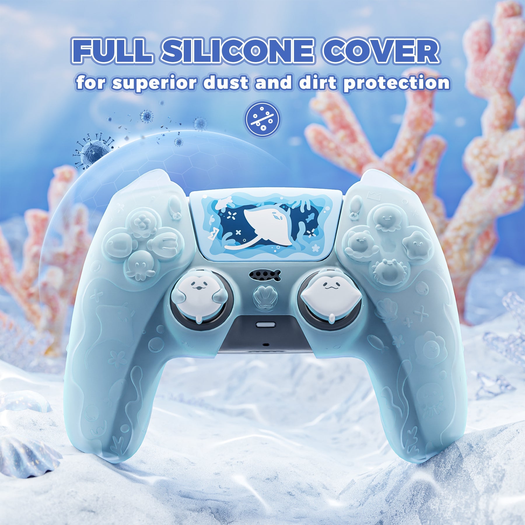 PlayVital Cute Ocean Whisper Series with Thumb Grip & Sticker Semi-Clear Silicone Case for PS5 Controller, Charging Station Compatible - Mint Blue PlayVital