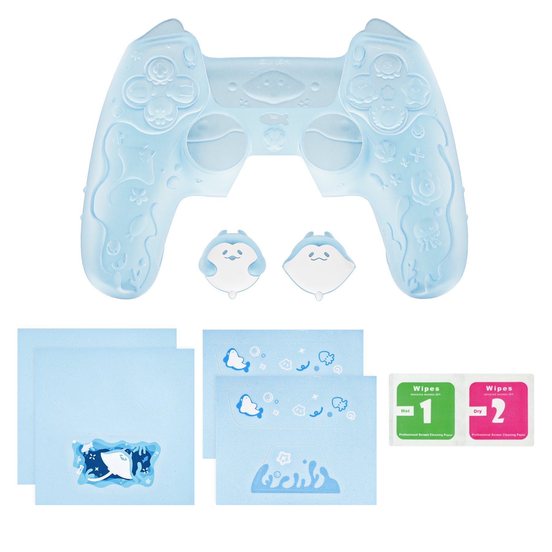 PlayVital Cute Ocean Whisper Series with Thumb Grip & Sticker Semi-Clear Silicone Case for PS5 Controller, Charging Station Compatible - Mint Blue PlayVital