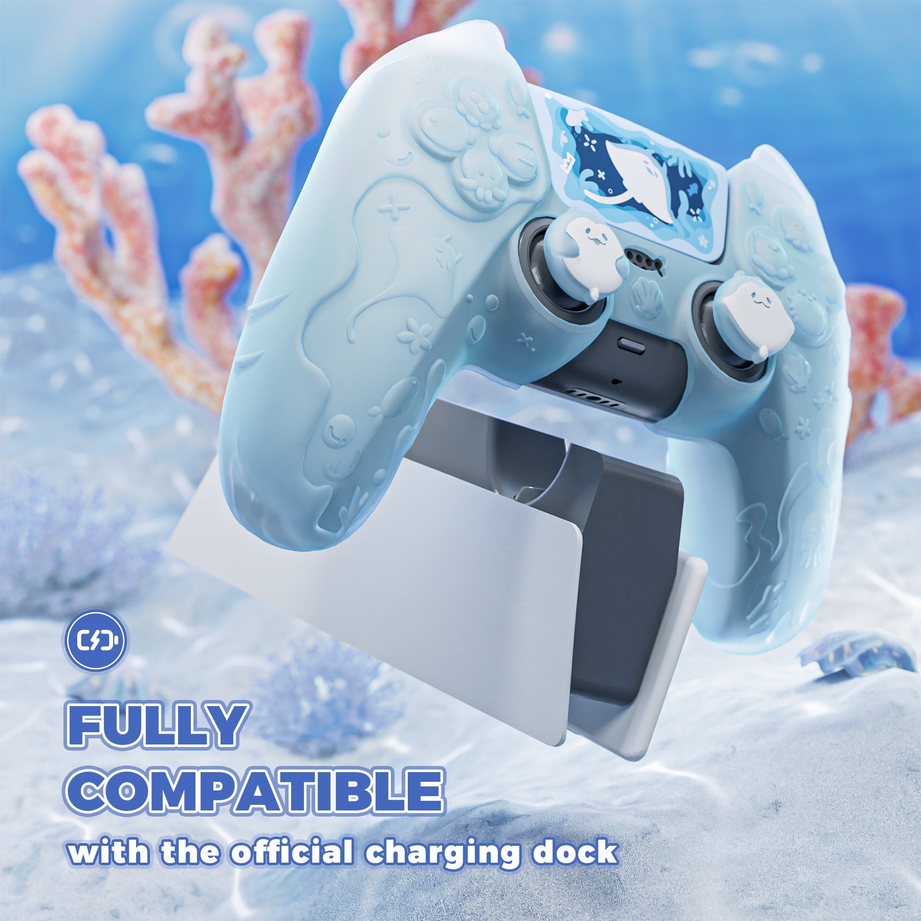 PlayVital Cute Ocean Whisper Series with Thumb Grip & Sticker Semi-Clear Silicone Case for PS5 Controller, Charging Station Compatible - Mint Blue PlayVital